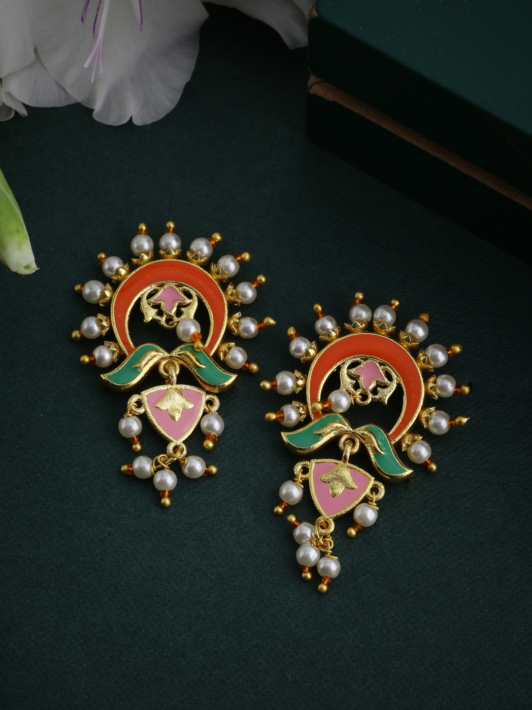Voylla Gold-Toned & Green Classic Drop Earrings