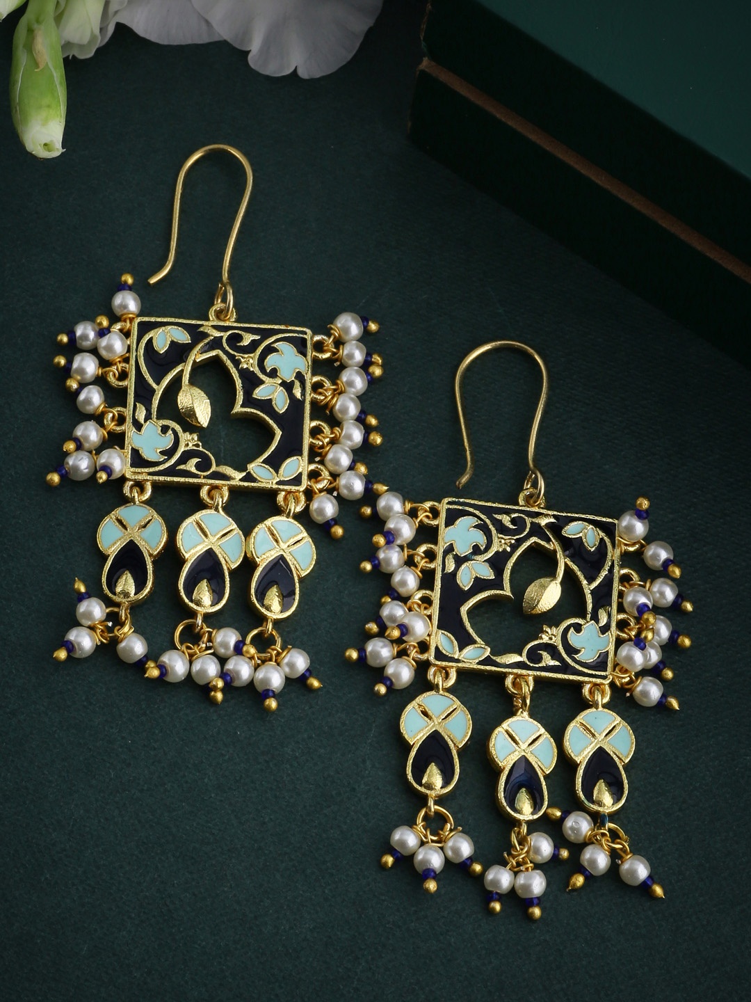 

Voylla Gold-Toned & Sea Green Classic Drop Earrings