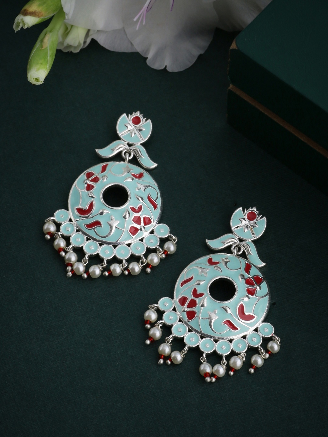

Voylla Silver-Plated & Turquoise Blue Enamelled Circular Drop Earrings