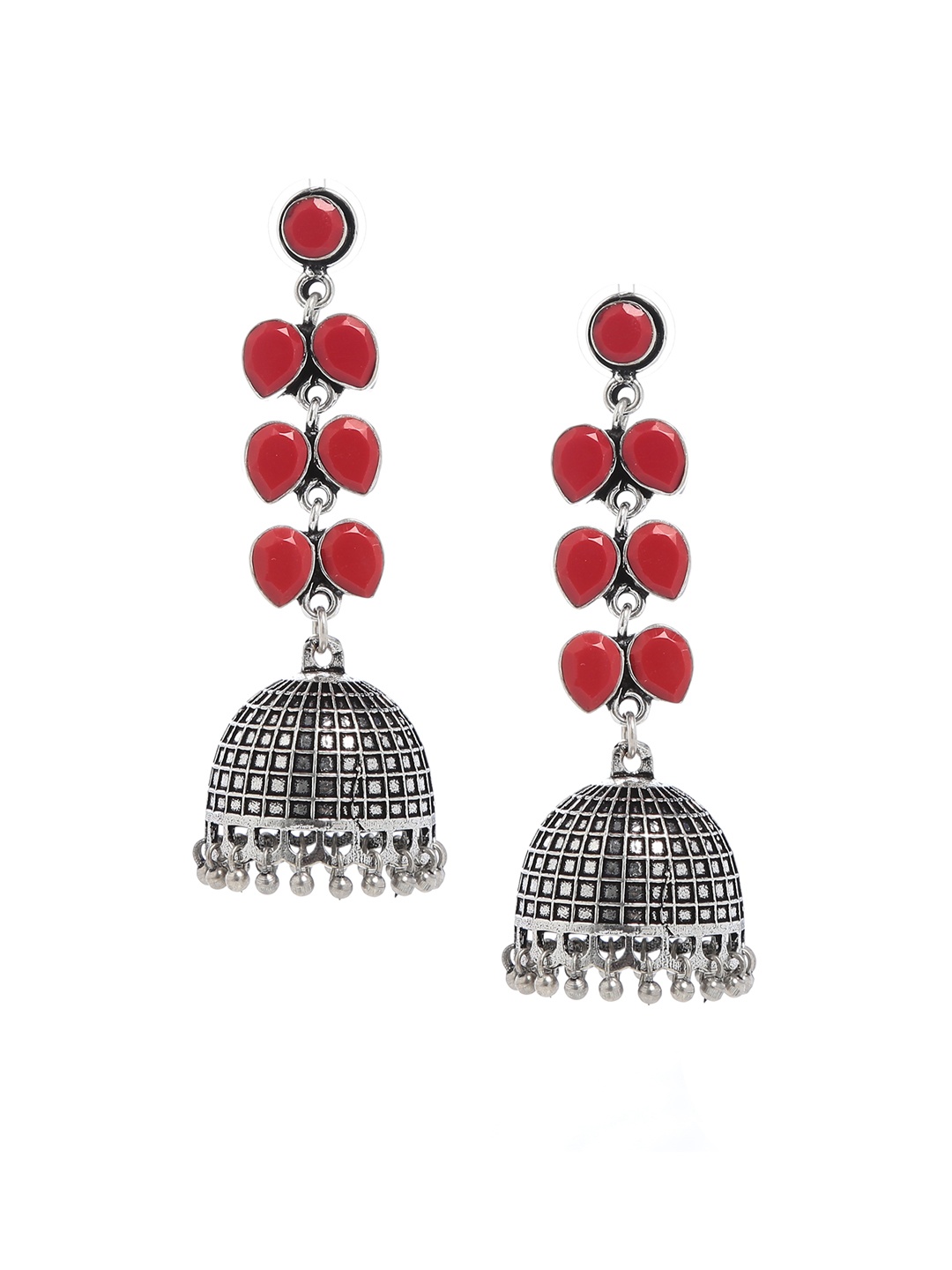 

Bamboo Tree Jewels Red & Silver-Toned Dome Shaped Handcrafted Jhumkas