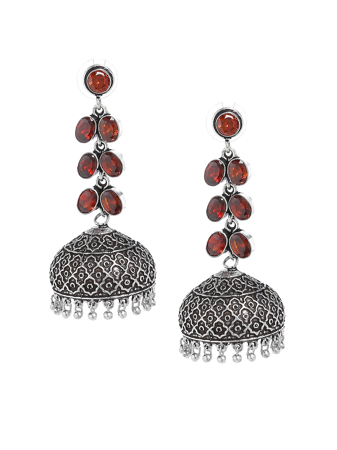 

Bamboo Tree Jewels Silver-Toned & Orange Dome Shaped Jhumkas