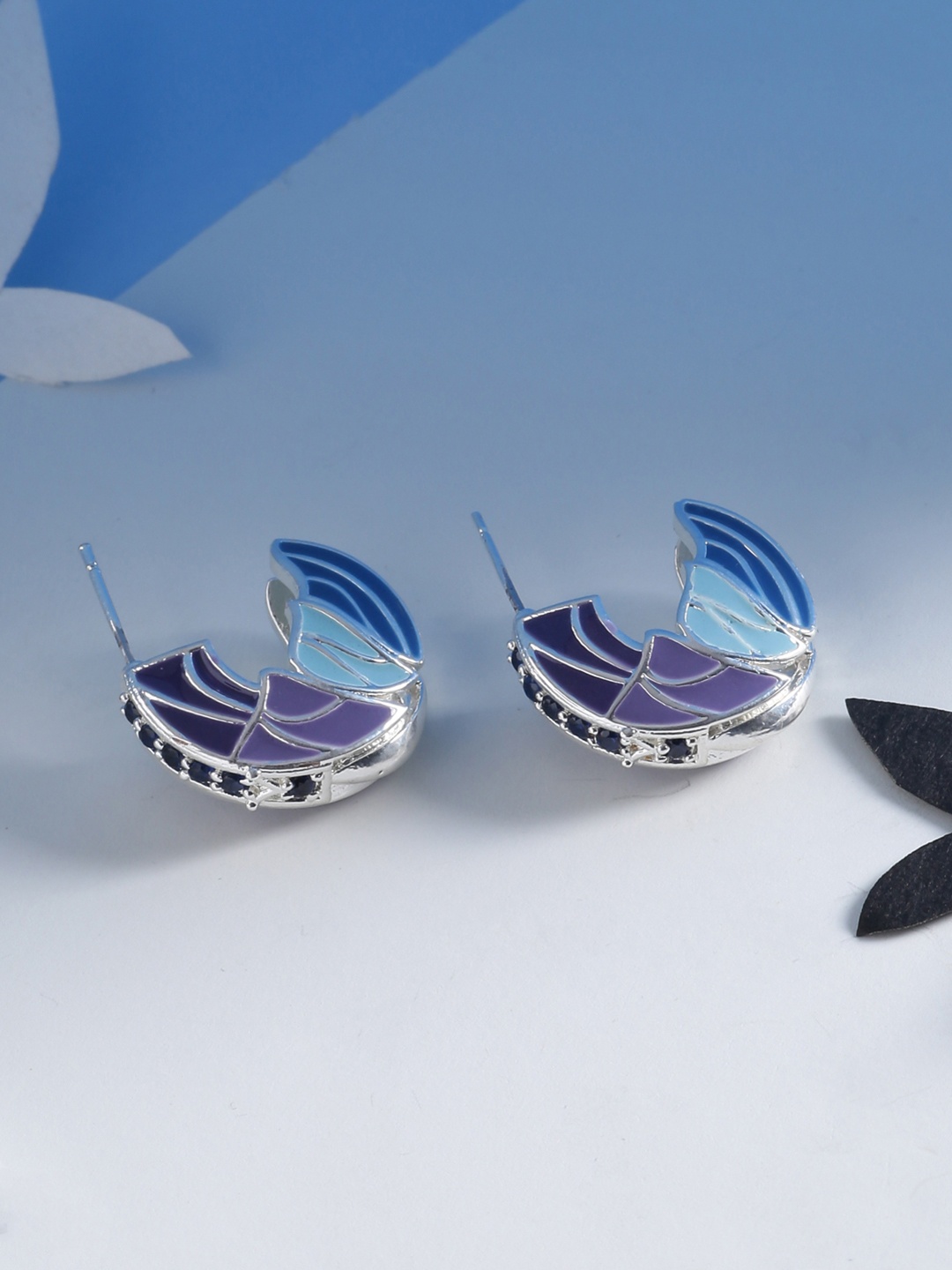

Voylla Silver-Plated & Blue Enamelled Crescent Shaped Studs