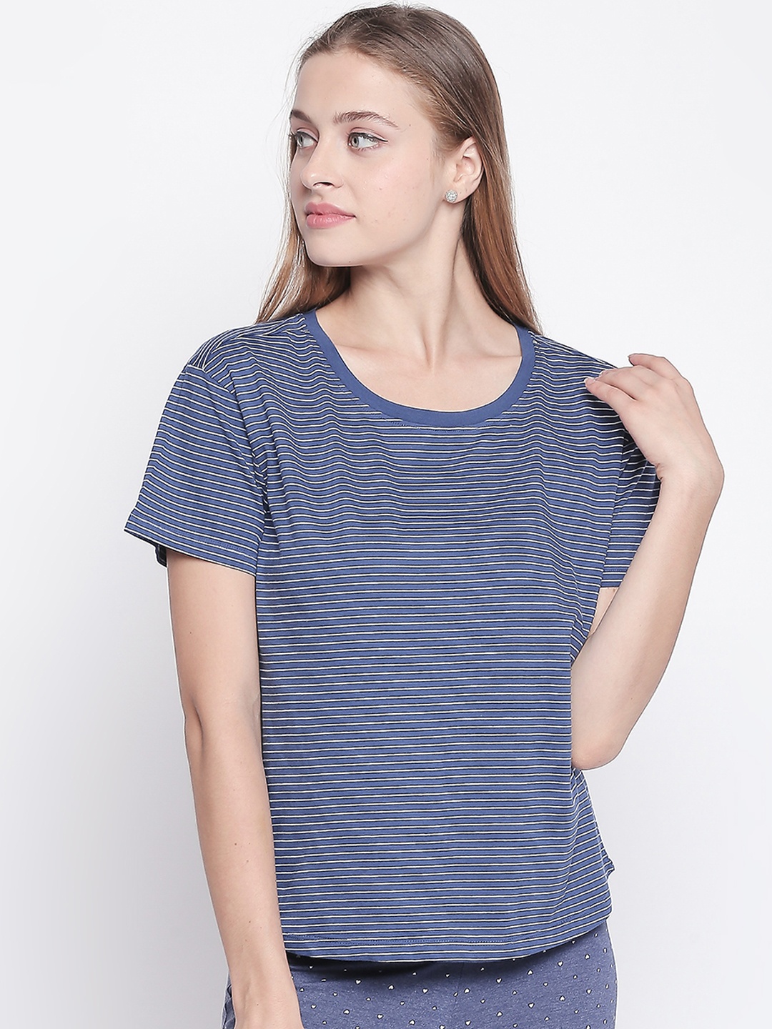 

Dreamz by Pantaloons Women Navy Blue & White Round Neck Lounge T-shirt 8905172001977