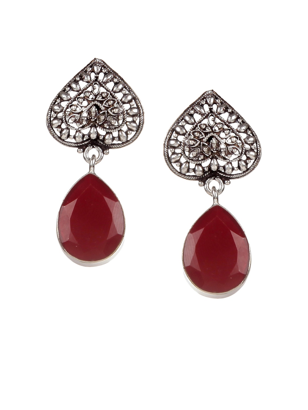

Bamboo Tree Jewels Silver-Toned & Maroon Contemporary Handcrafted Drop Earrings