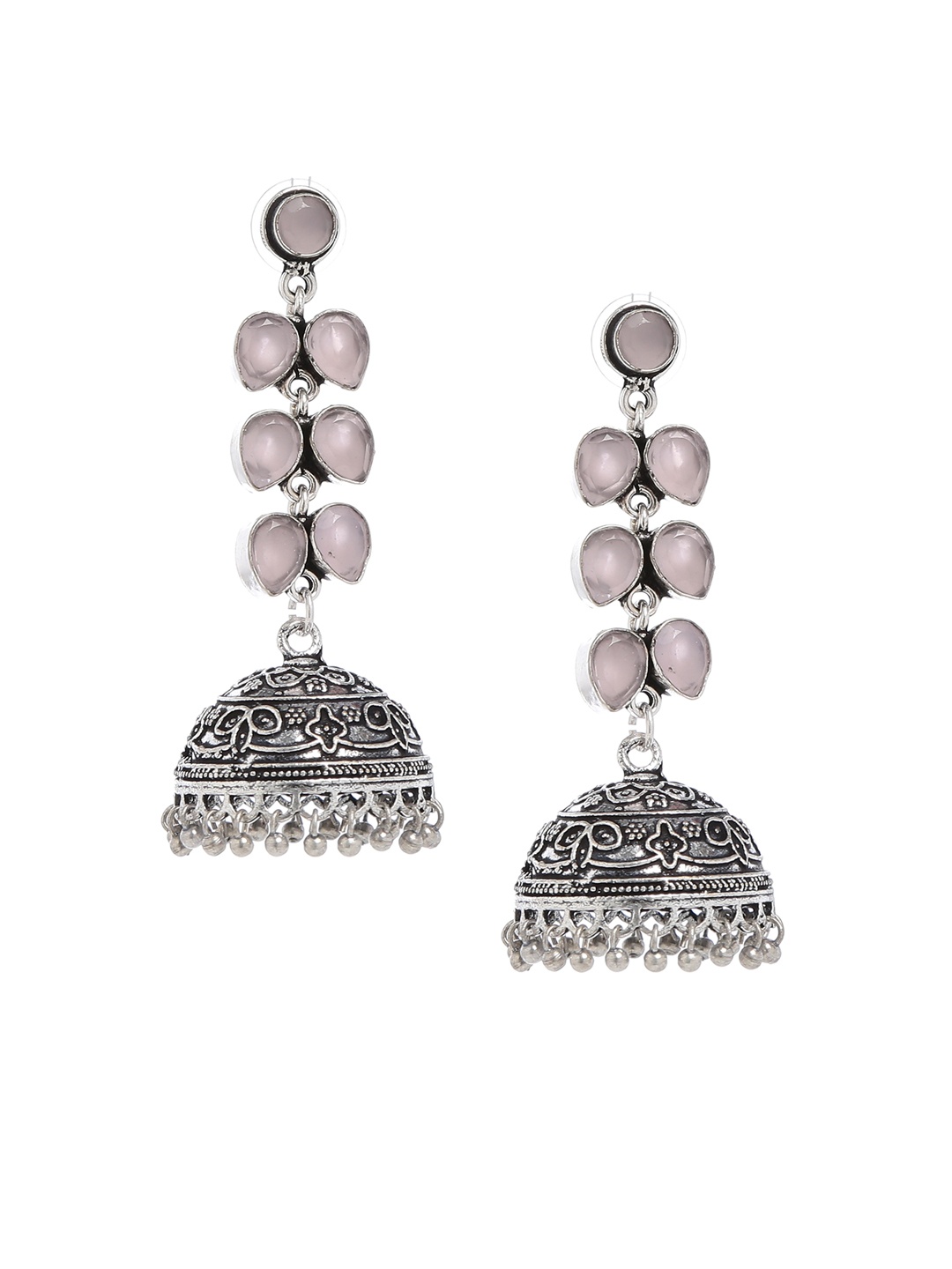 

Bamboo Tree Jewels Pink & Silver-Toned Dome Shaped Handcrafted Jhumkas