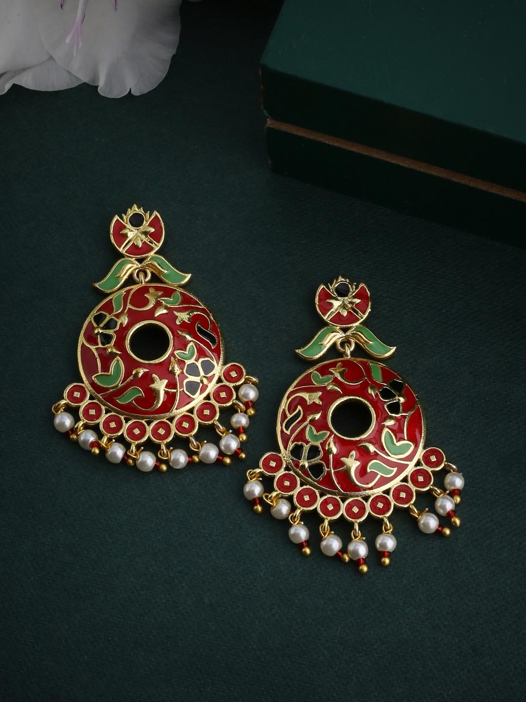 Voylla Gold-Toned & Red Classic Drop Earrings