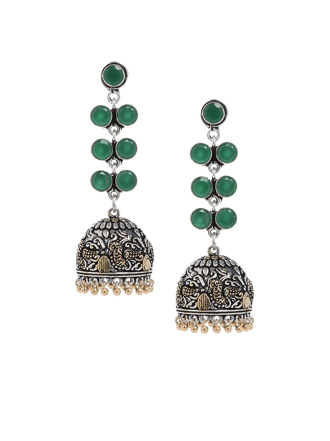 

Bamboo Tree Jewels Green & Silver-Toned Handcrafted Dome Shaped Jhumkas