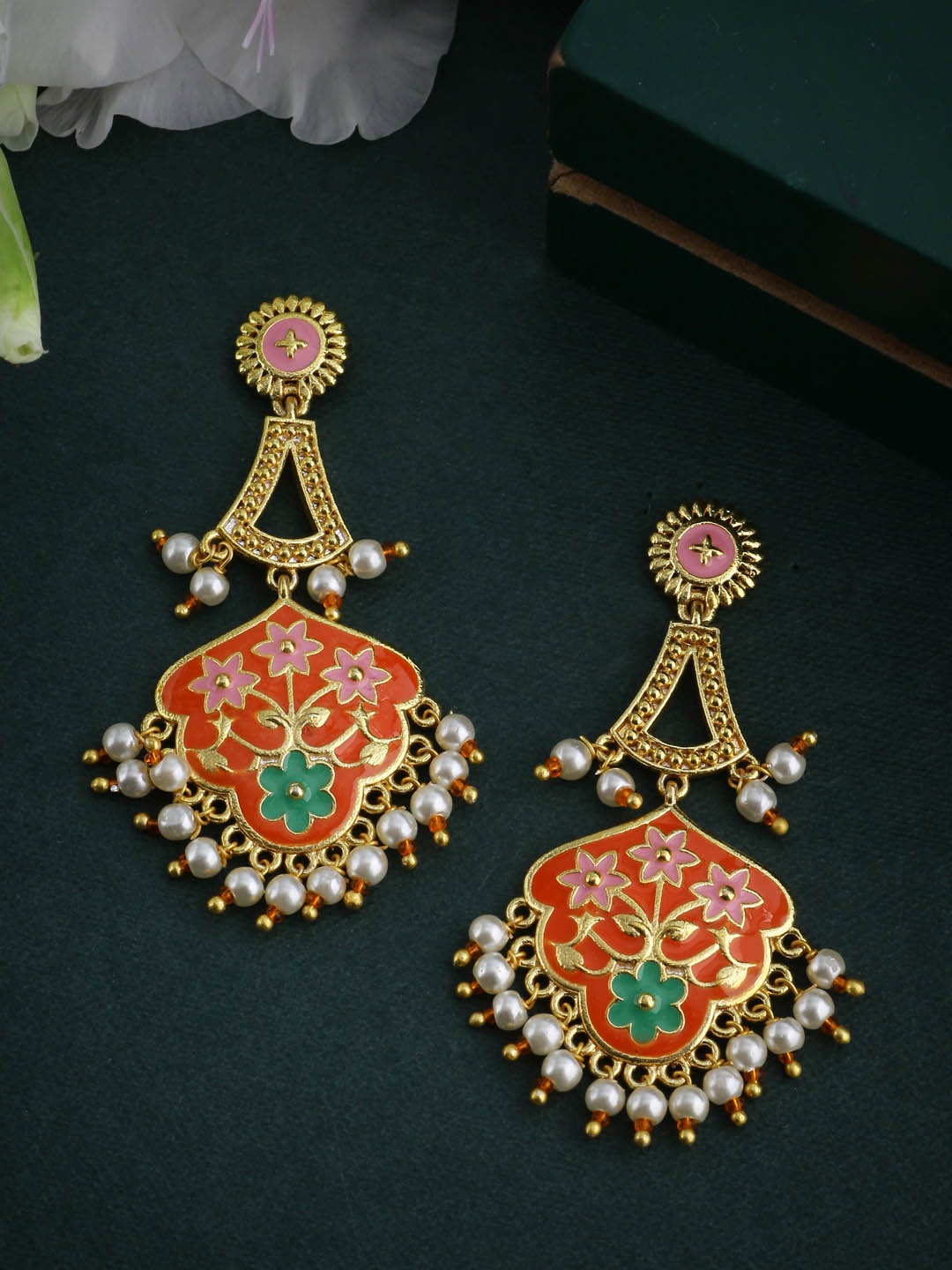 

Voylla Gold-Plated & Red Contemporary Enamelled Drop Earrings