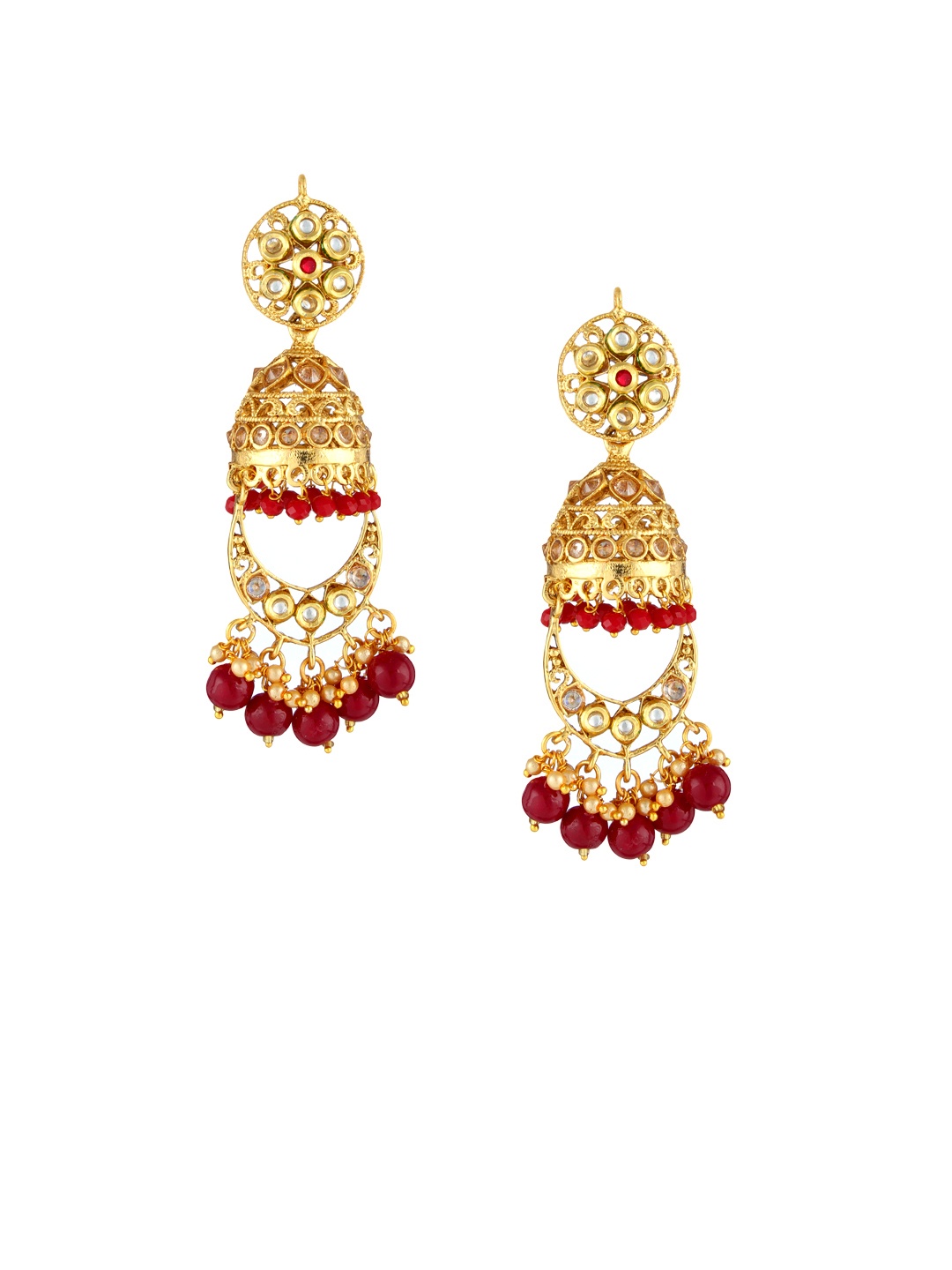 

Adwitiya Gold-Plated & Red Dome Shaped Chandelier Jhumkas