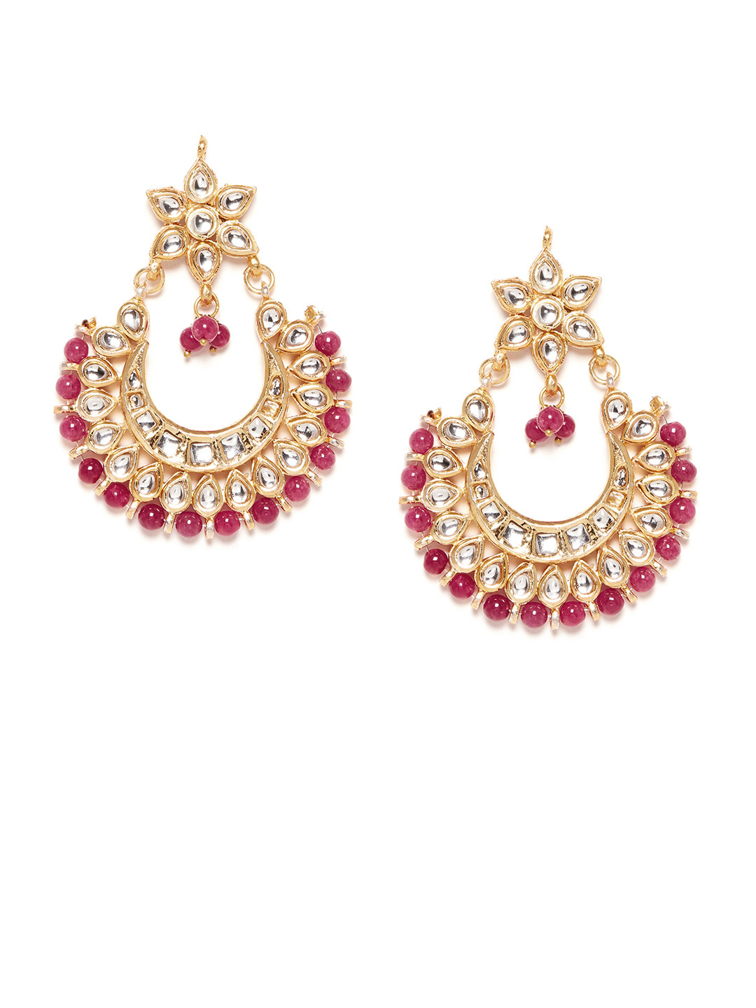 

Bamboo Tree Jewels Gold-Toned & Red Kundan Studded Crescent Shaped Chandbalis