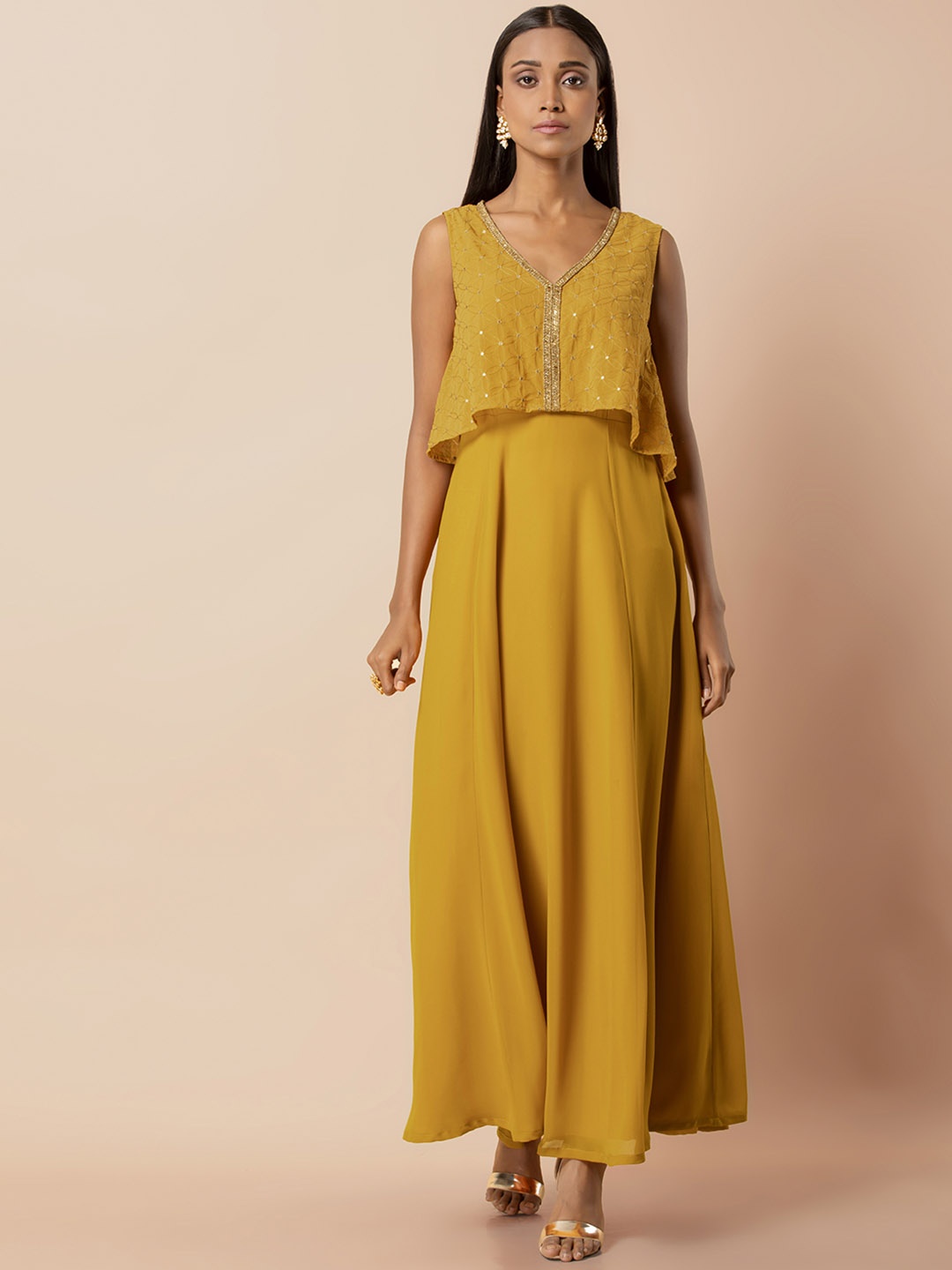 

INDYA Women Yellow Dress with Attached Dotted Cape, Mustard