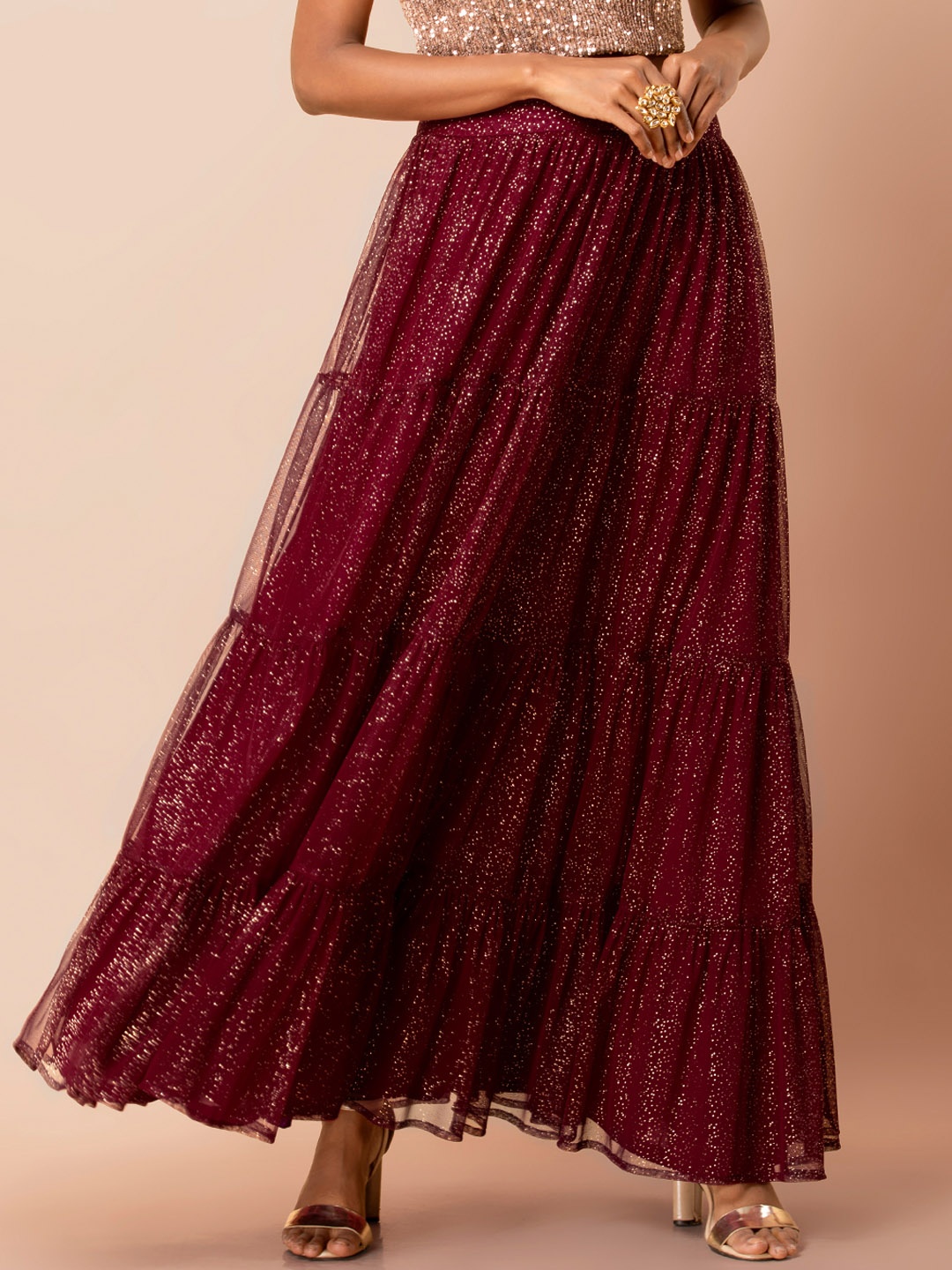 

INDYA Women Burgundy & Gold-Coloured Printed Flared Maxi Skirt