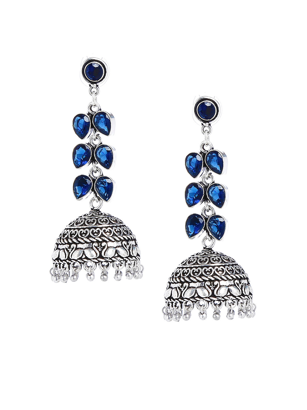 

Bamboo Tree Jewels Silver-Toned & Blue Dome Shaped Jhumkas