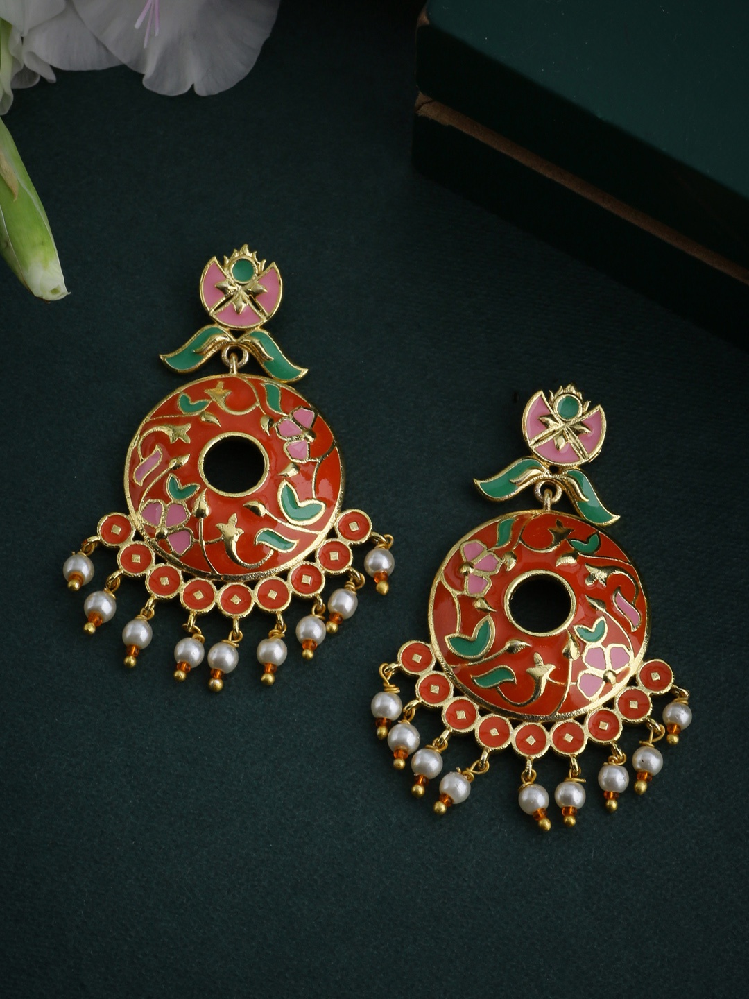 

Voylla Gold-Toned & Red Circular Drop Earrings