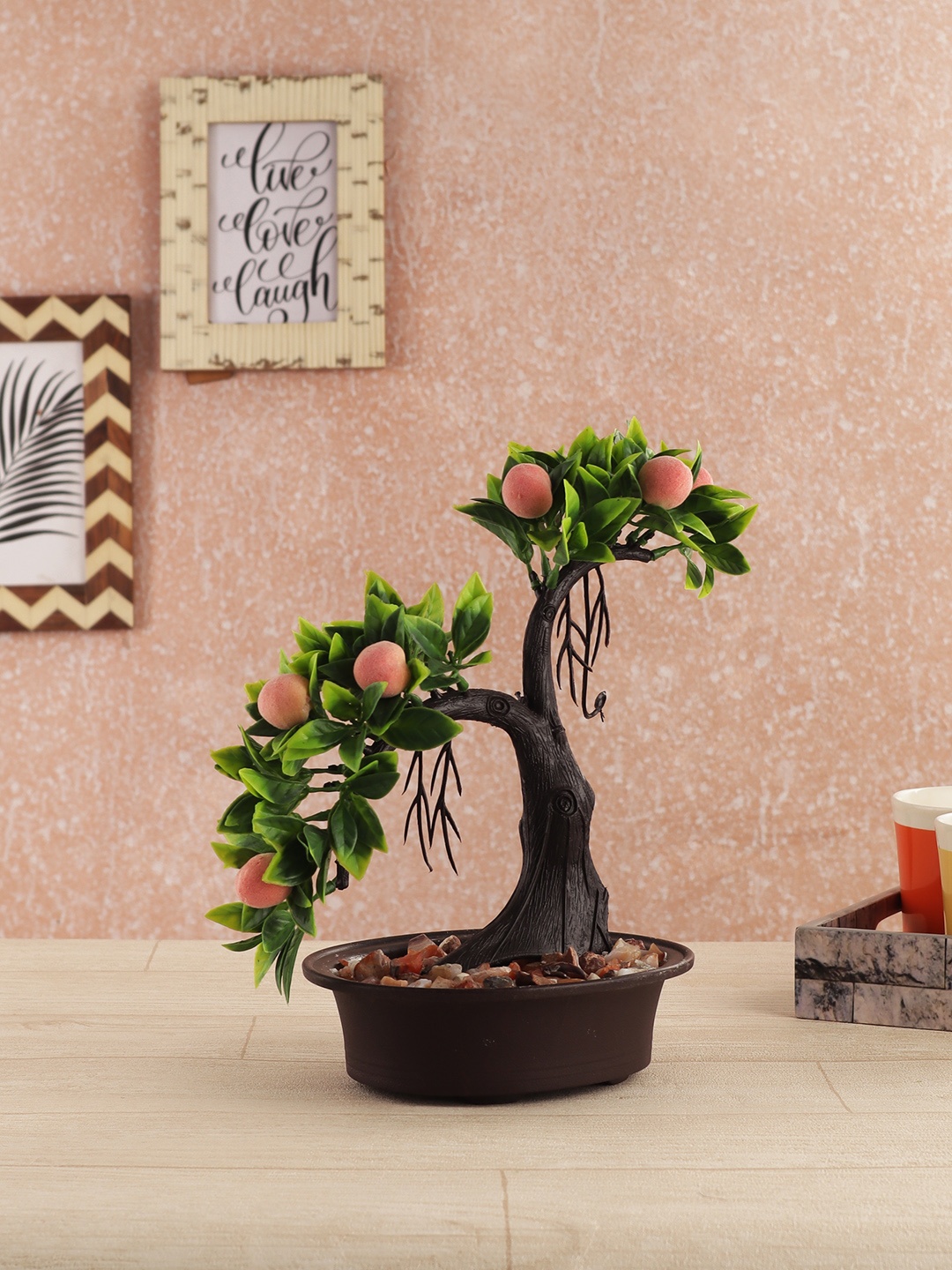 

FOLIYAJ Green & Pink Artificial Shoe Horn Shaped Bonsai Peach Tree