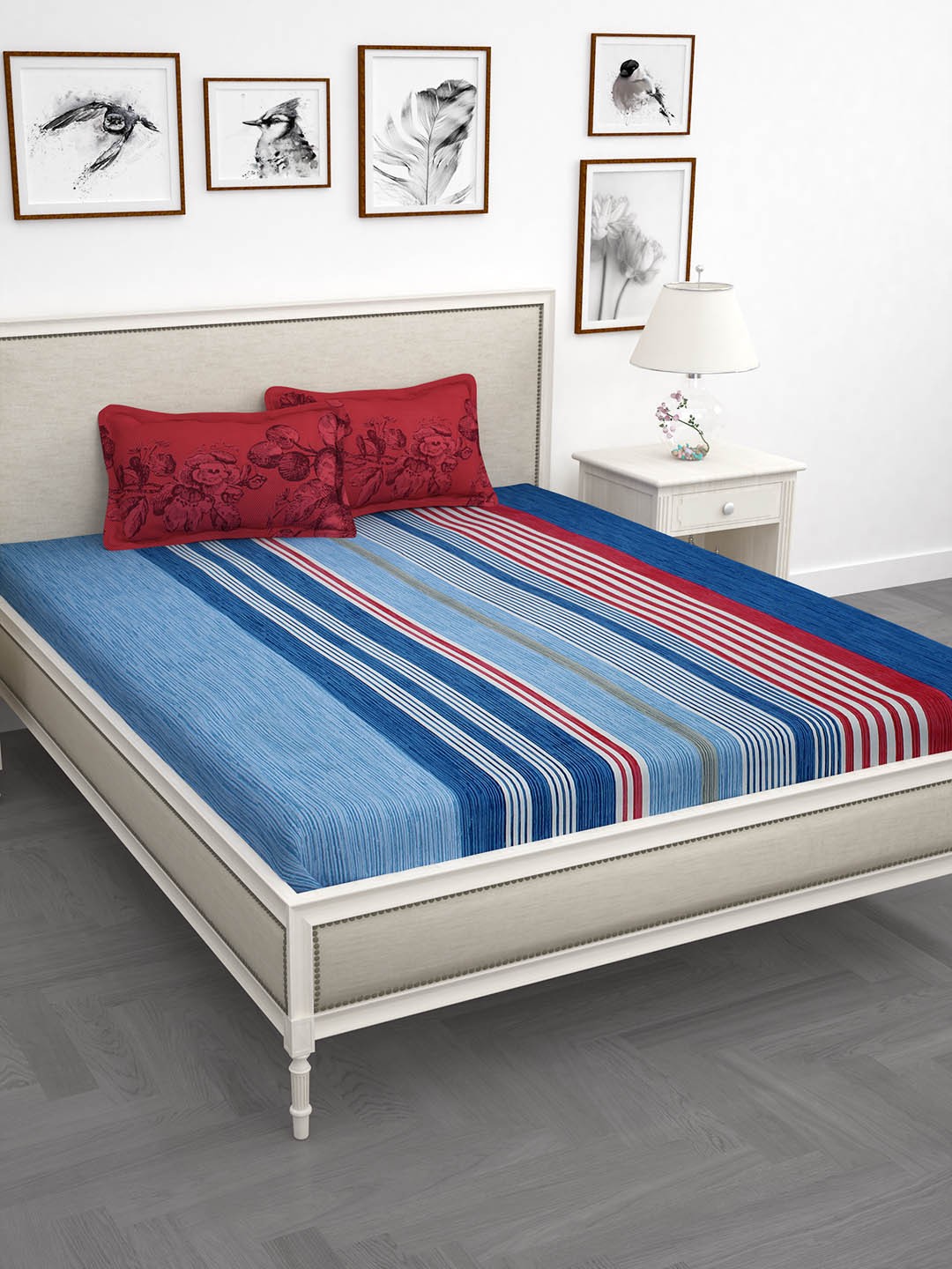 

Story@home Red & Blue Striped 186 TC Cotton 1 Double Bedsheet with 2 Pillow Covers