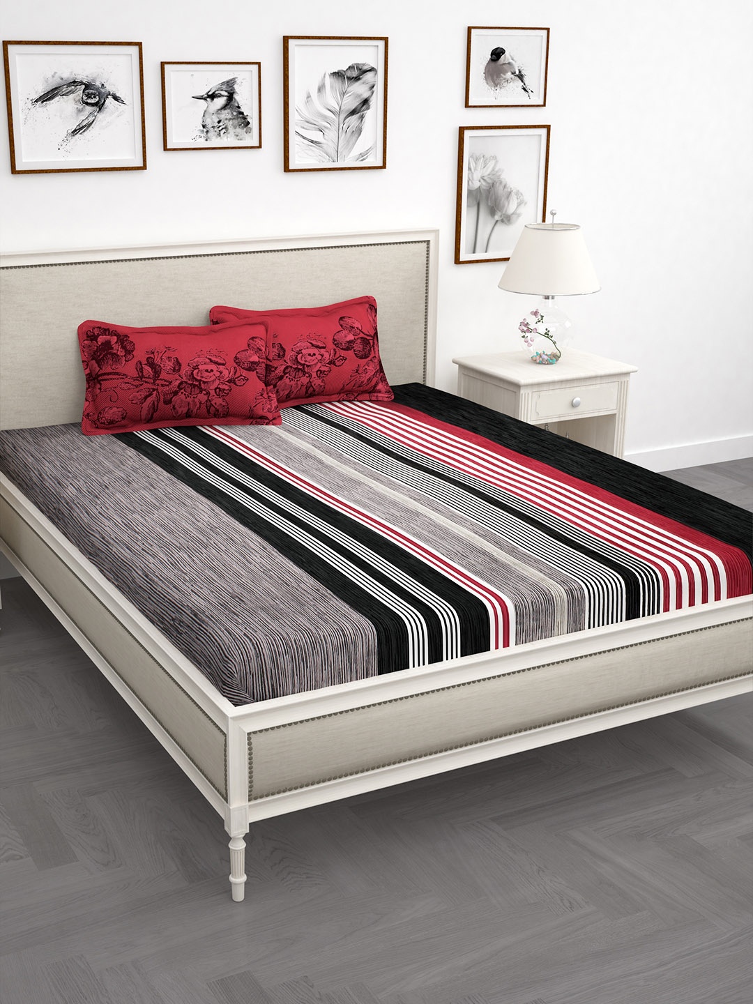 

Story@home Red & Black Striped 186 TC Cotton 1 Double Bedsheet with 2 Pillow Covers