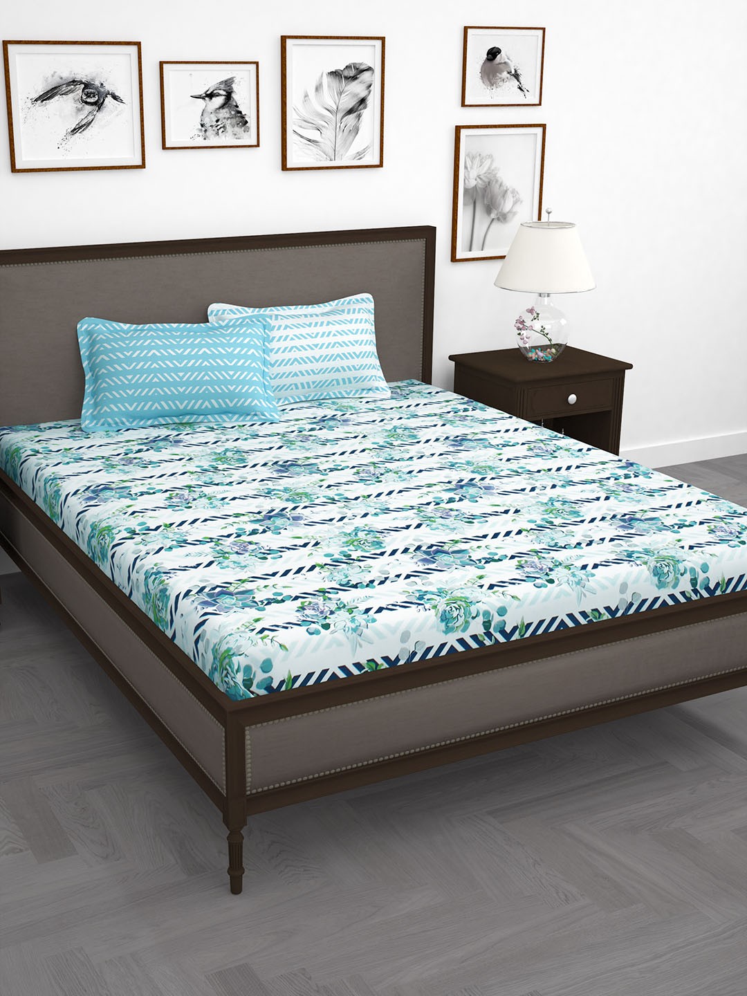 

Story@home White & Blue Floral 186 TC Cotton 1 Double bedsheet with 2 pillow covers