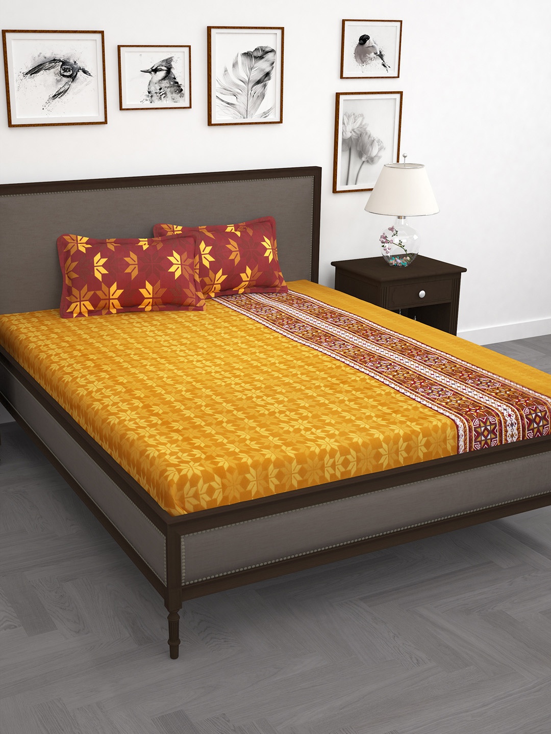 

Story@home Mustard Yellow & Maroon 186 TC Cotton 1 Double Bedsheet with 2 Pillow Covers