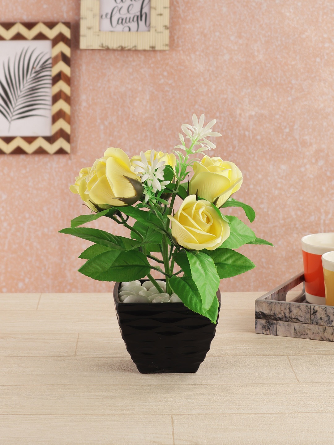 

FOLIYAJ Green & Yellow Artificial Rose Plant With Pot