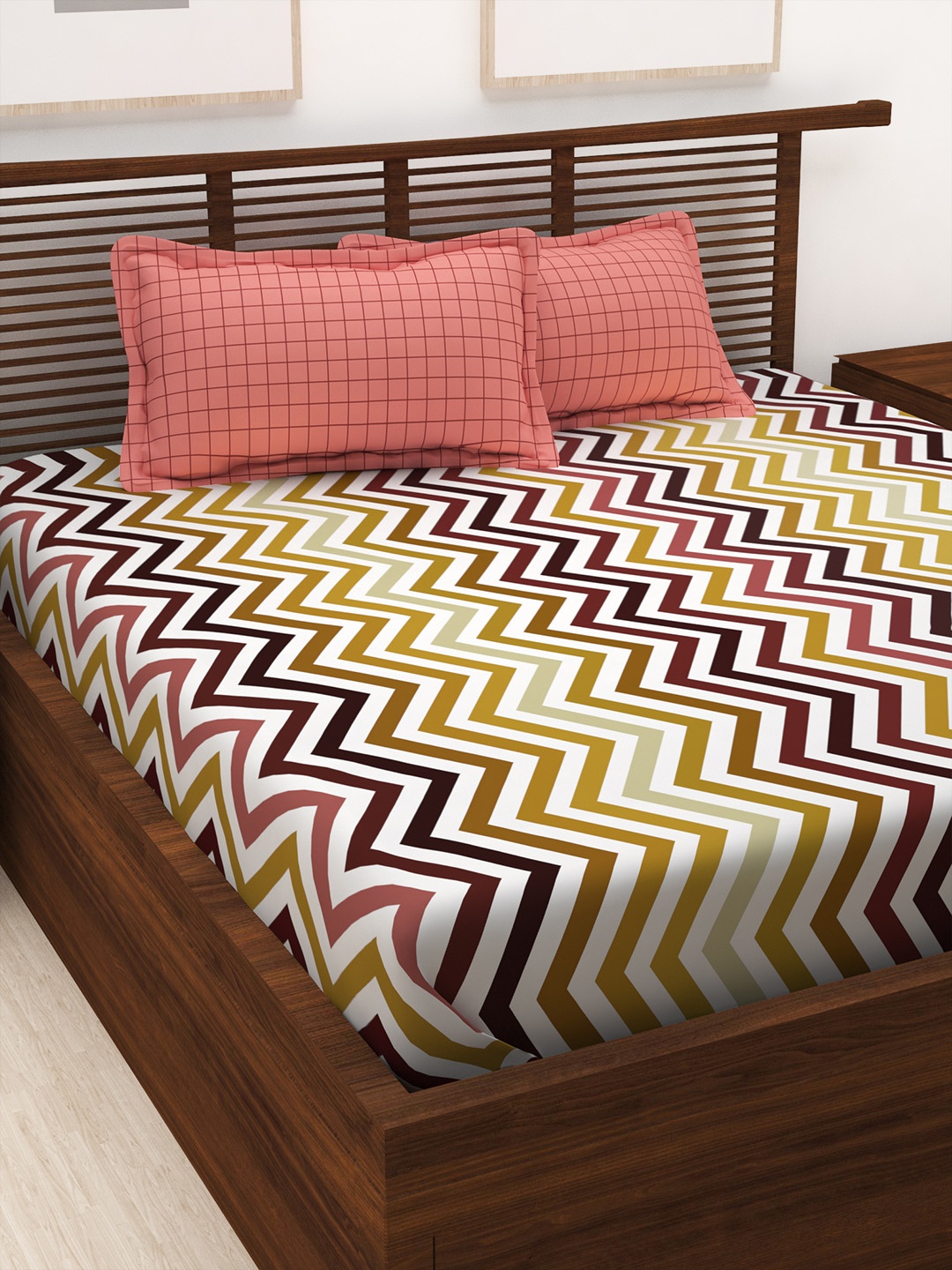 

Story@home Unisex Brown & Yellow Geometric 144 TC 1 King Bedsheet with 2 Pillow Covers