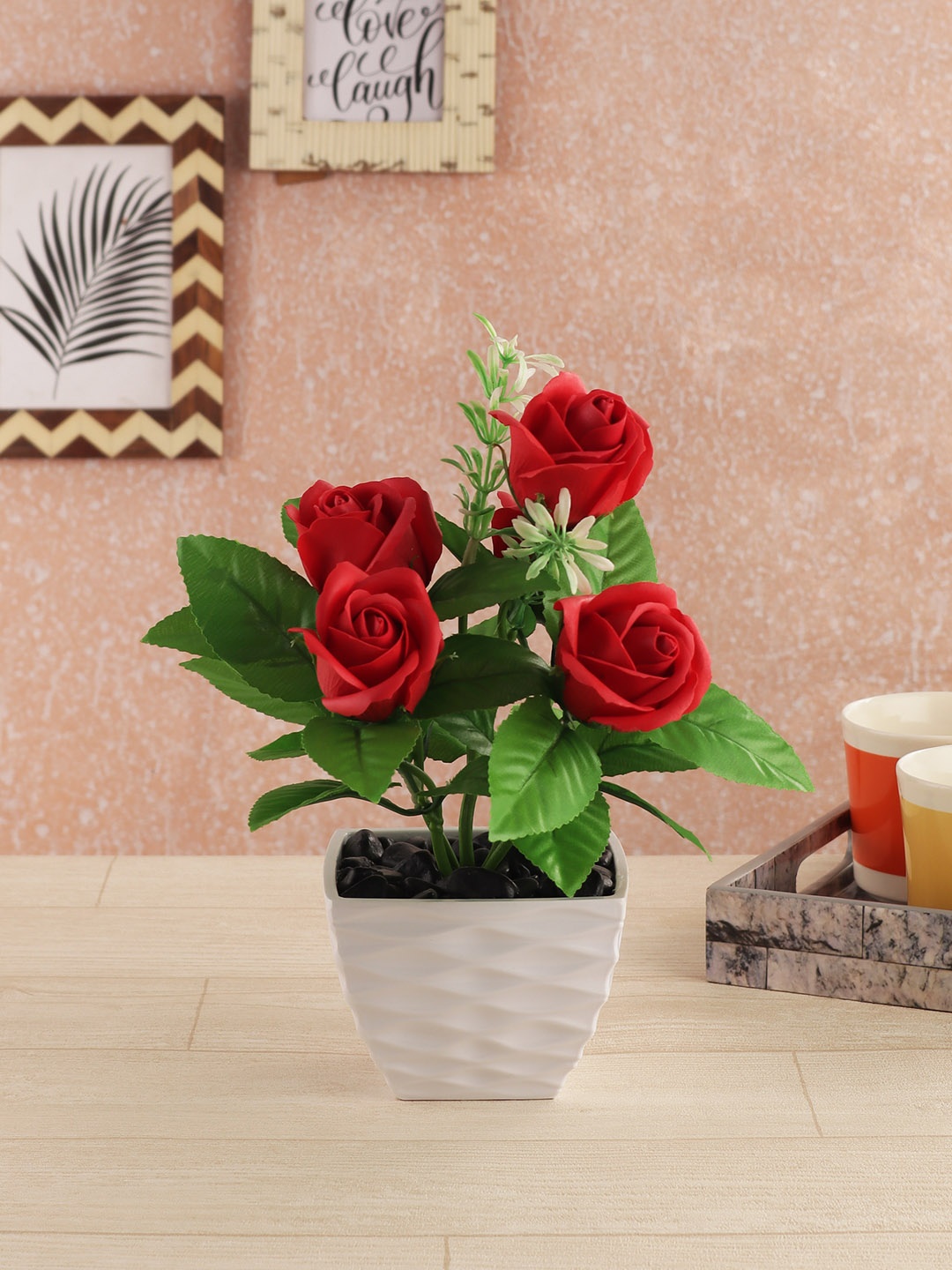 

FOLIYAJ Green & Red Artificial Rose Plant With Pot
