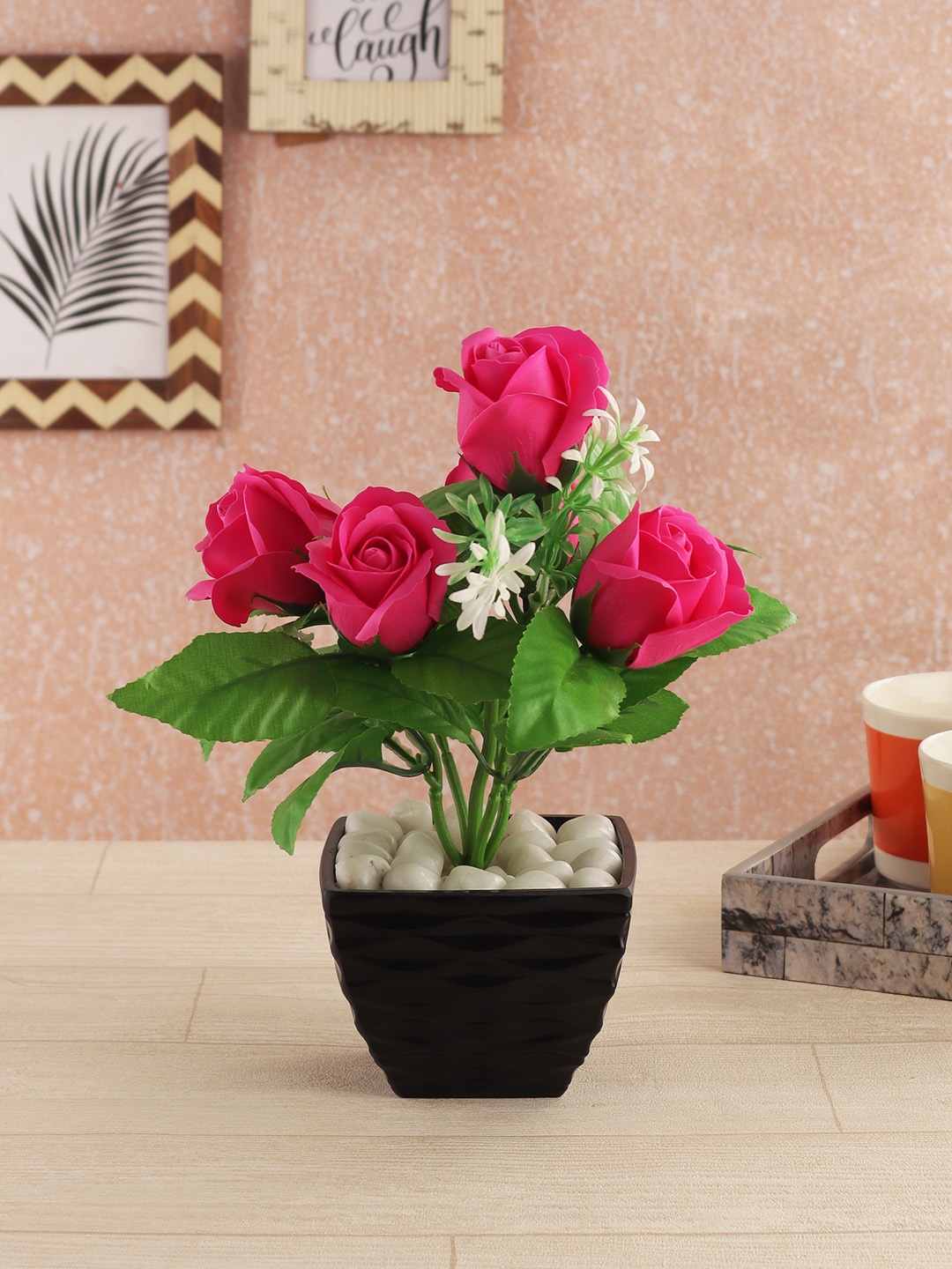 FOLIYAJ Green & Pink Artificial Rose Plant With Pot