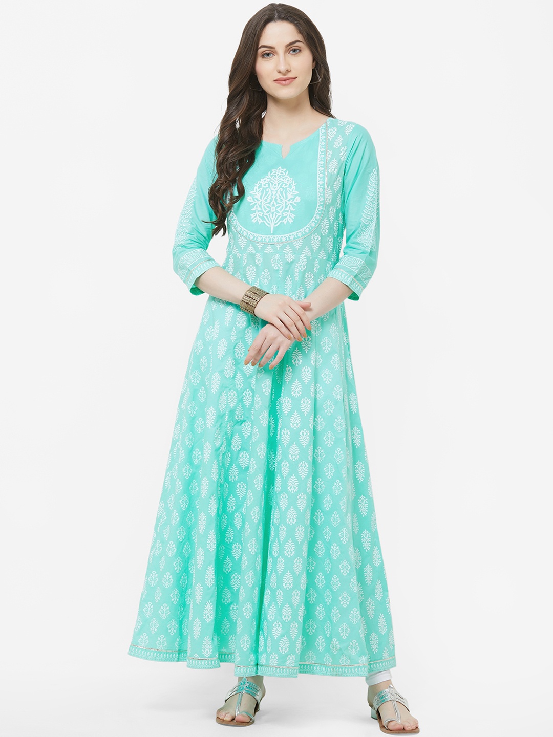 

Vedic Women Sea Green & White Printed Ethnic Maxi Dress