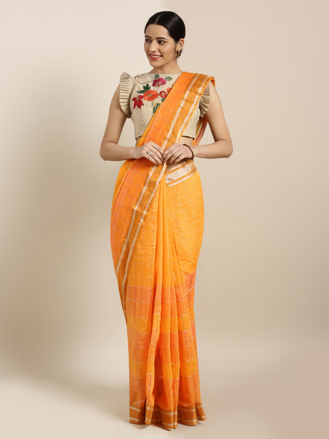 Mitera Orange Checked Silk Cotton Saree