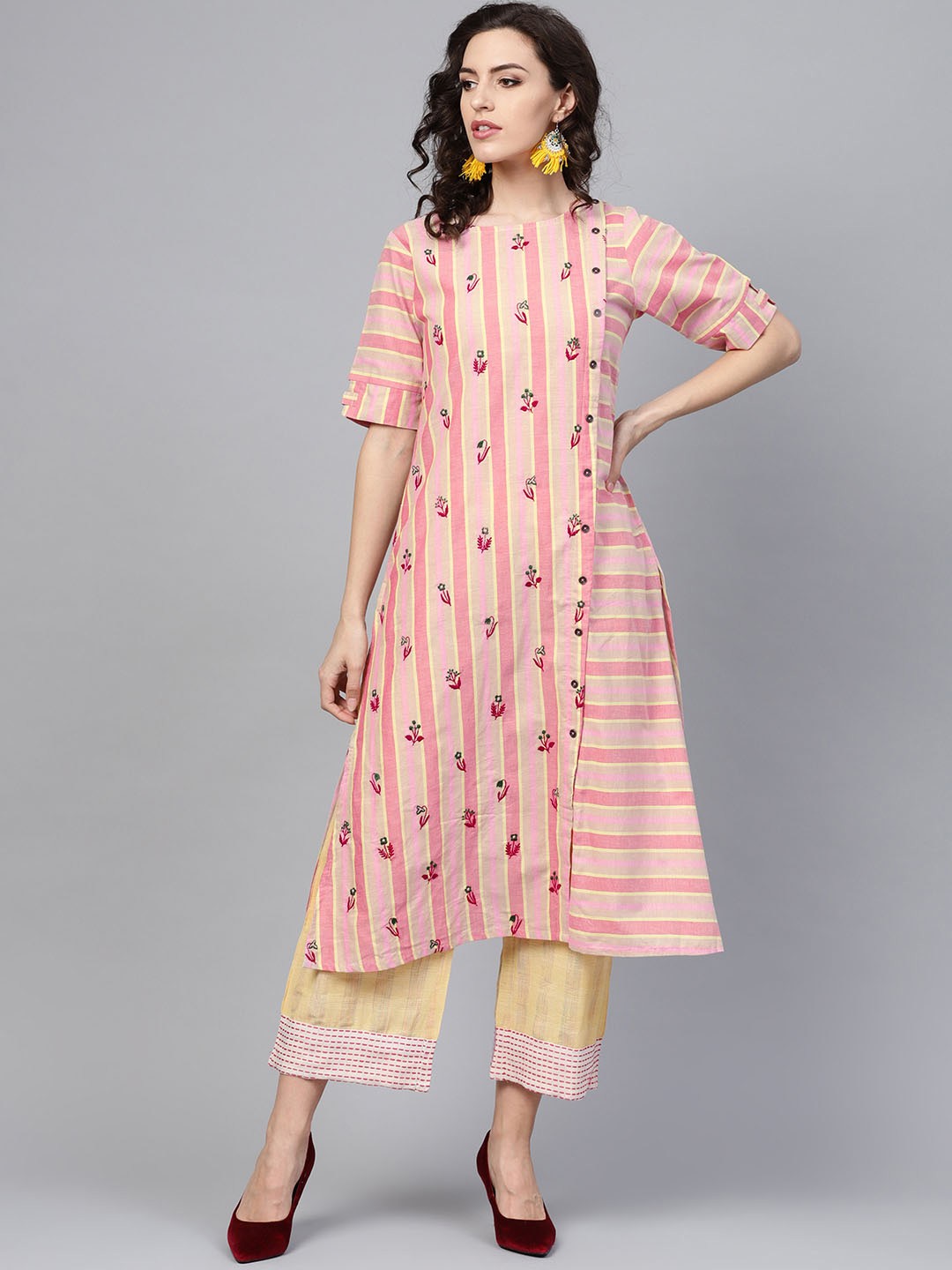 

Indo Era Women Pink & Yellow Striped Straight Kurta