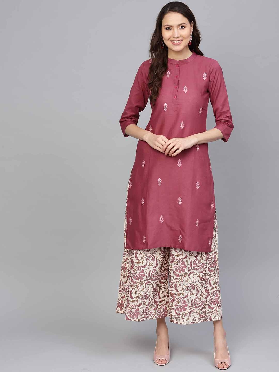 

Indo Era Women Magenta & Off-White Embroidered Kurta with Palazzos