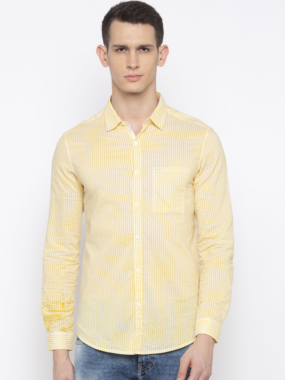 

SPYKAR Men Yellow & White Slim Fit Striped Casual Shirt
