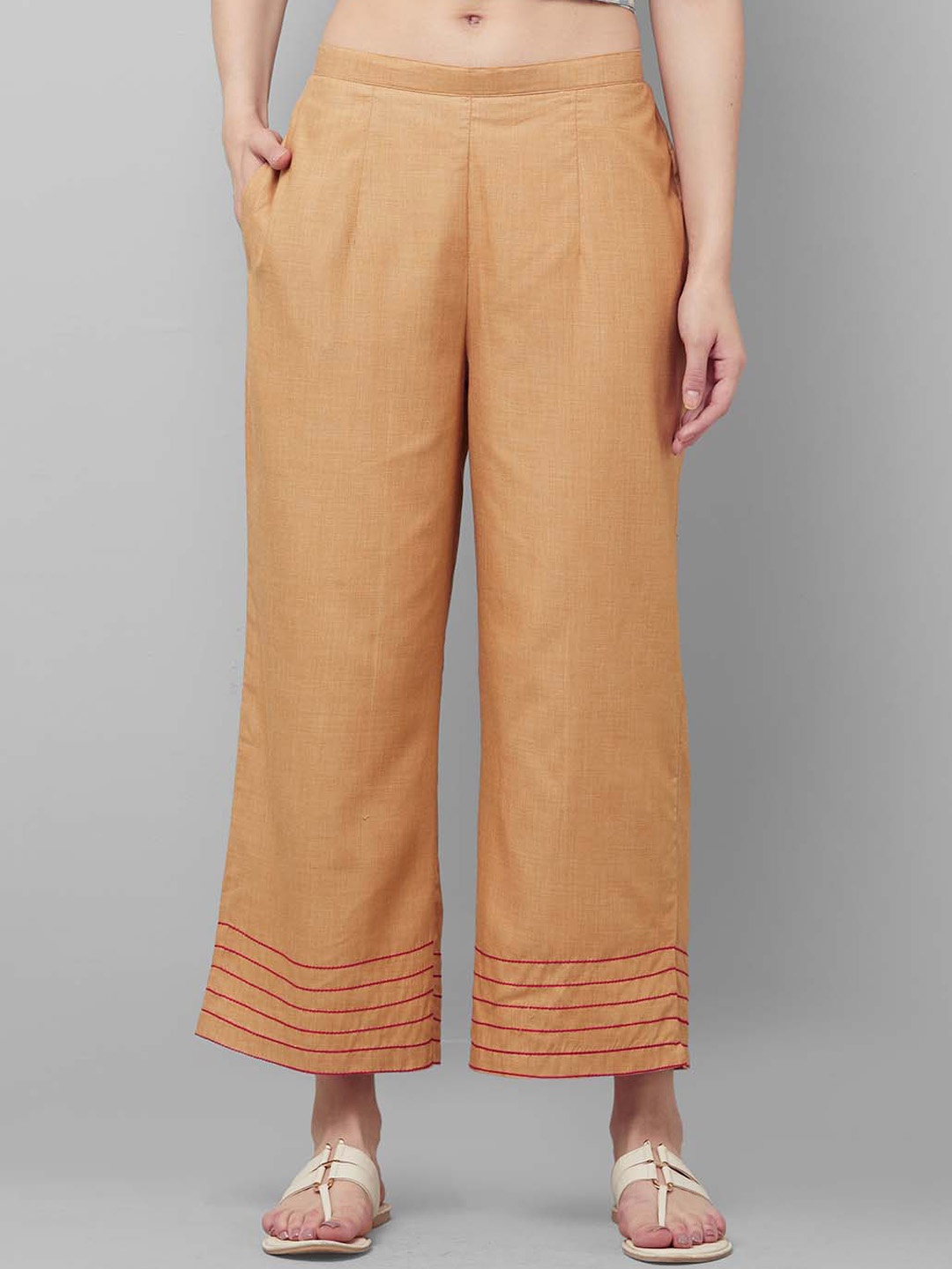 

Indo Era Women Beige Hem Design Straight Palazzos
