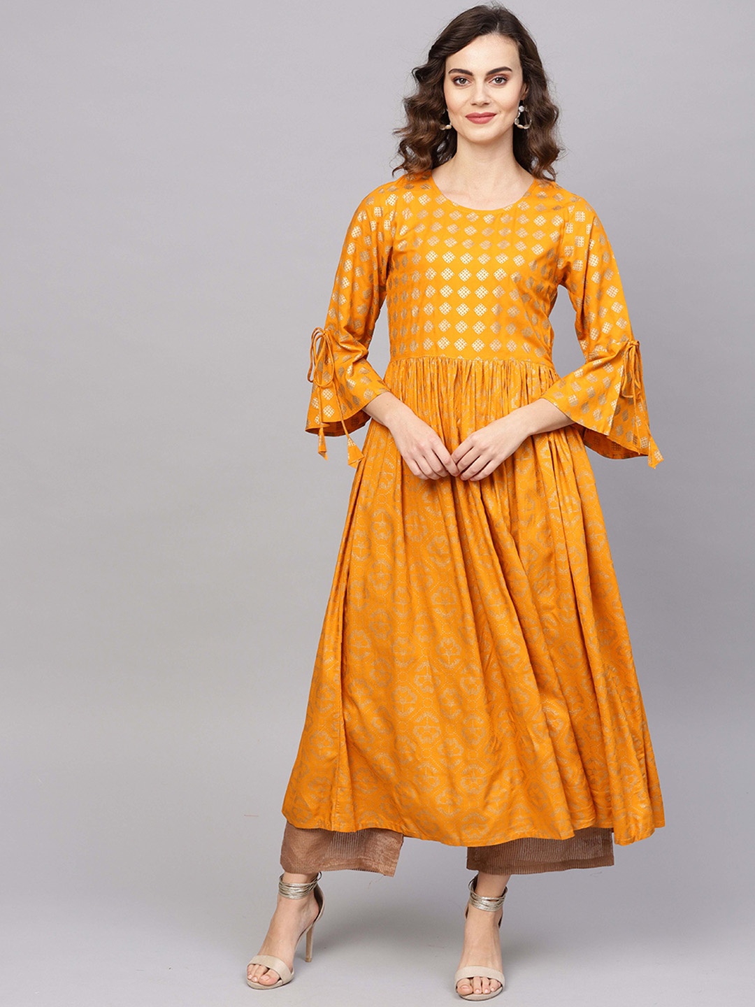 

Indo Era Women Mustard Yellow & Grey Printed A-Line Kurta