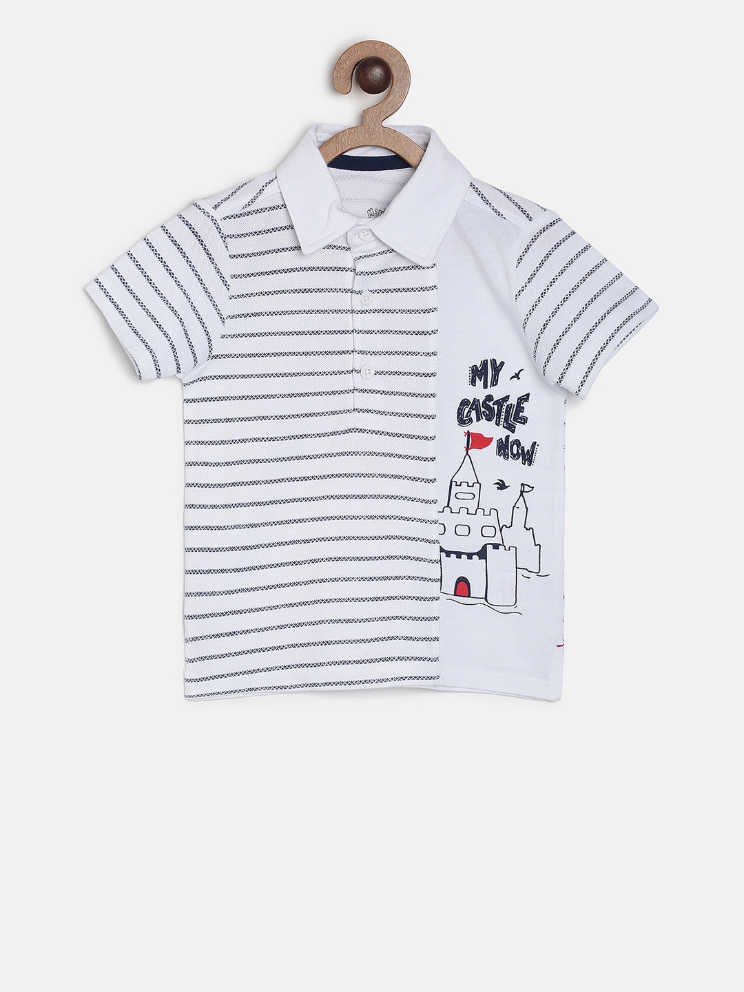 

MINI KLUB Boys White Striped Polo Collar Pure Cotton T-shirt