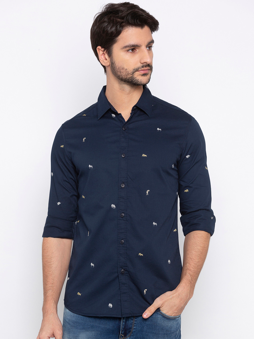 

SPYKAR Men Navy Blue Slim Fit Printed Casual Shirt
