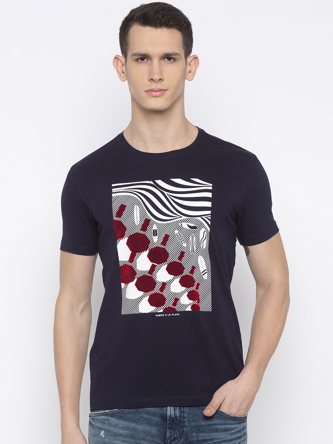 SPYKAR Men Navy Blue Printed Round Neck T-shirt