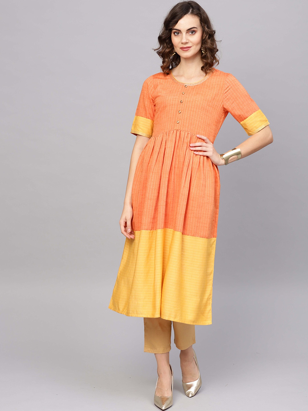 

Indo Era Women Orange & Yellow Striped A-Line Kurta