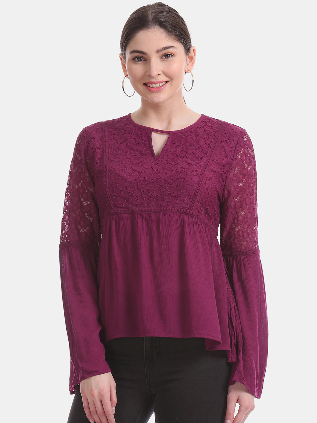 

Aeropostale Women Magenta Self Design Empire Top