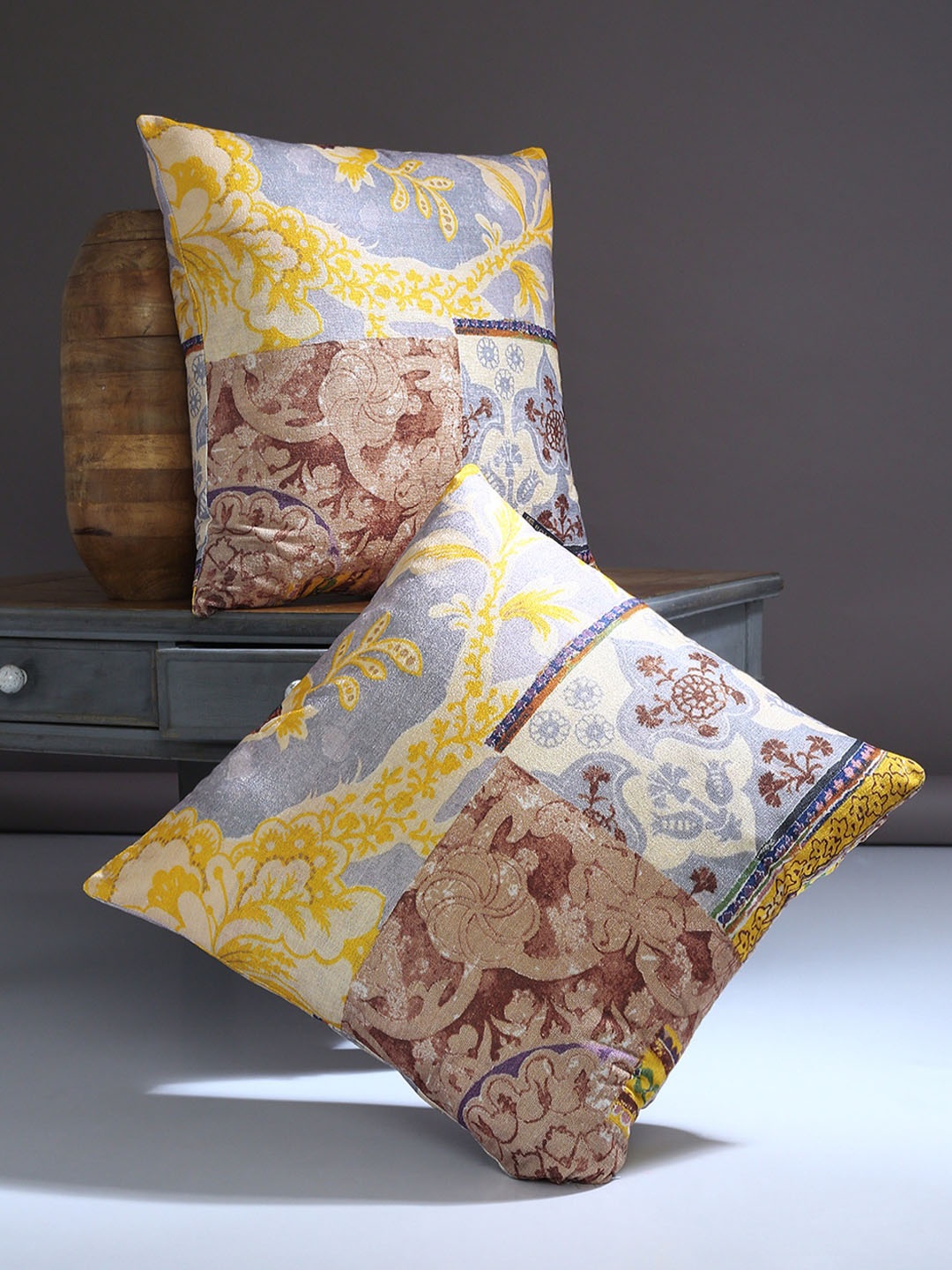

ROMEE Silver-Toned & Brown Set of 2 Floral Square Cushion Covers