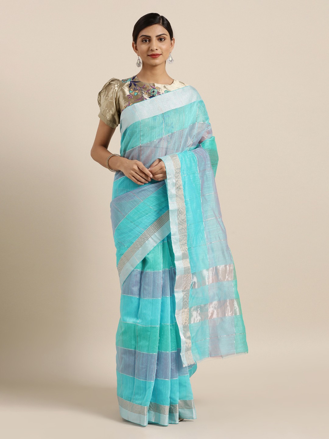 

Mitera Turquoise Blue Striped Silk Cotton Saree