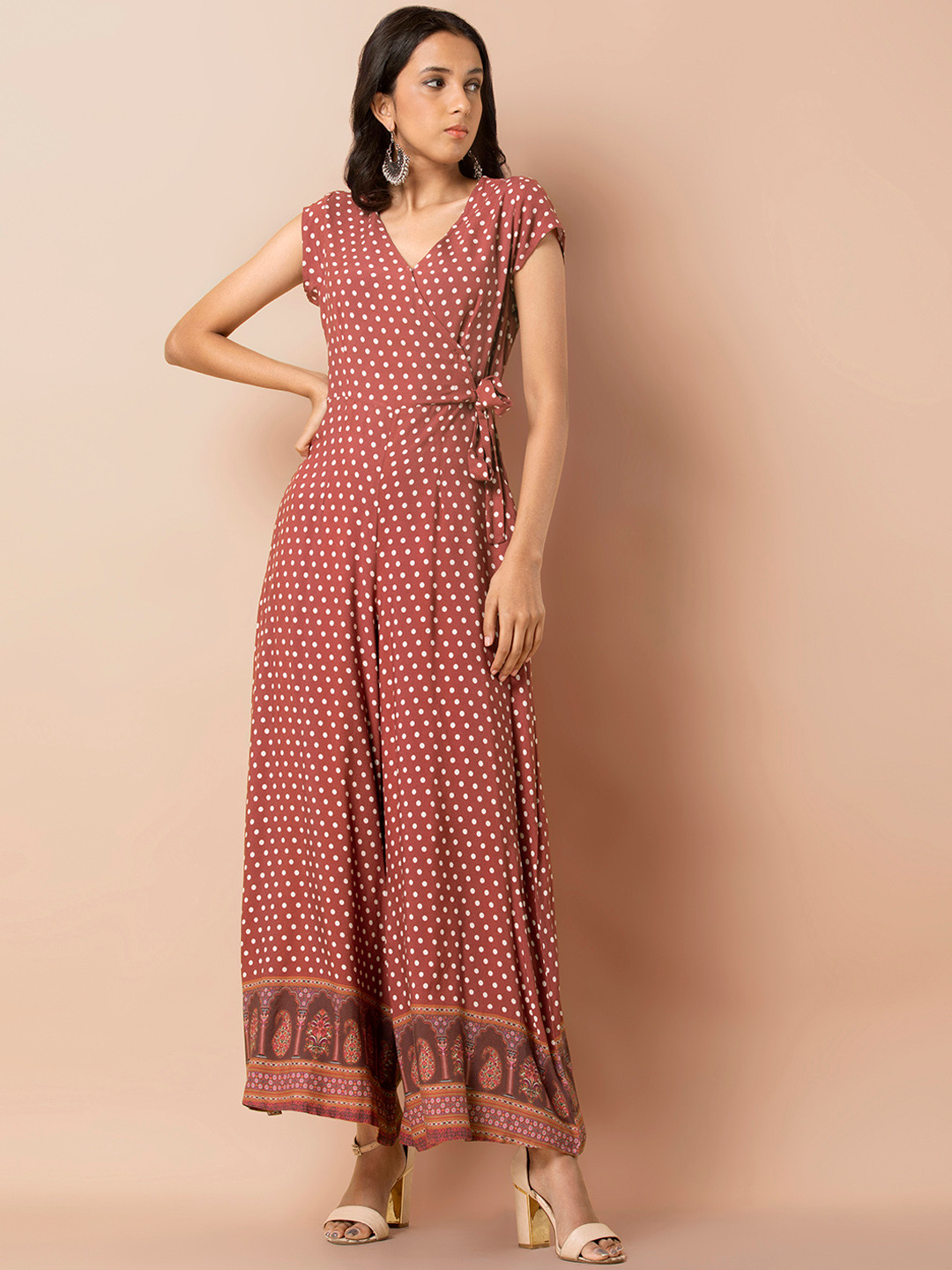 

INDYA Women Rust Red & White Polka Printed Basic Jumpsuit