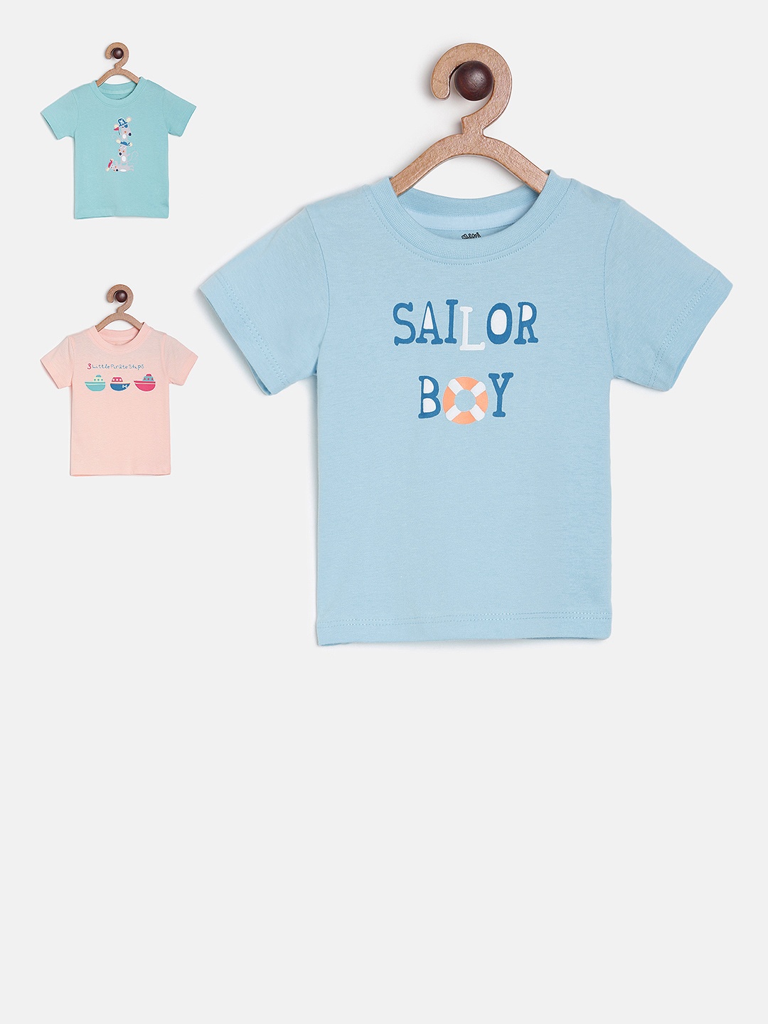 MINI KLUB Boys Pack of 3 Printed Round Neck Pure Cotton T-shirt, Blue