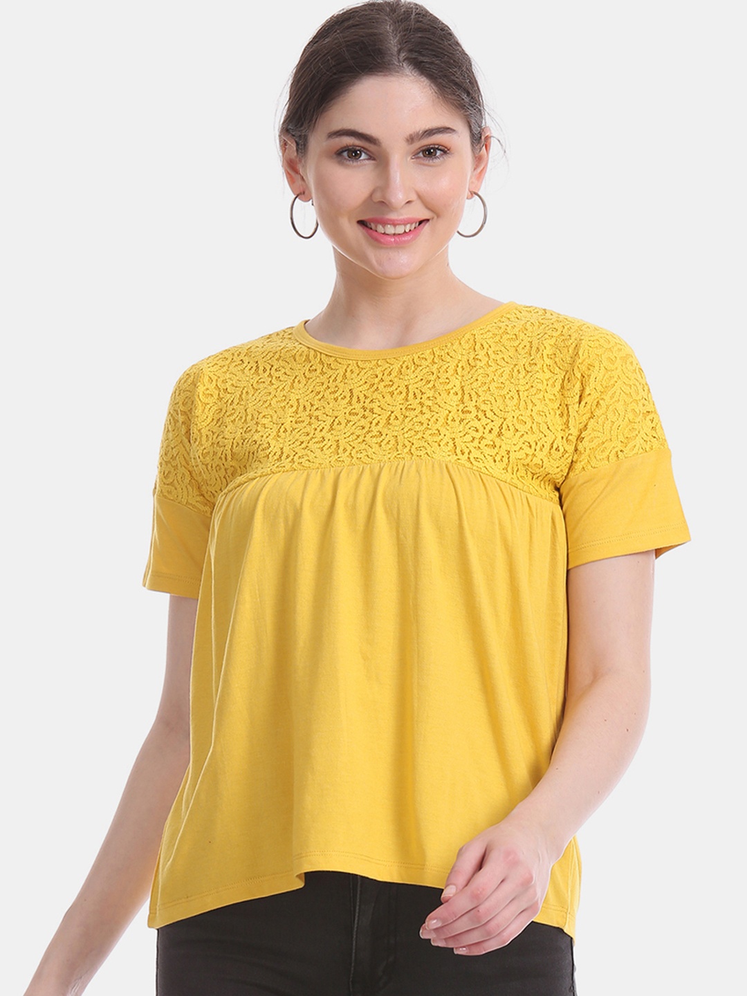 

Aeropostale Women Mustard Yellow Self Design High-Low Top