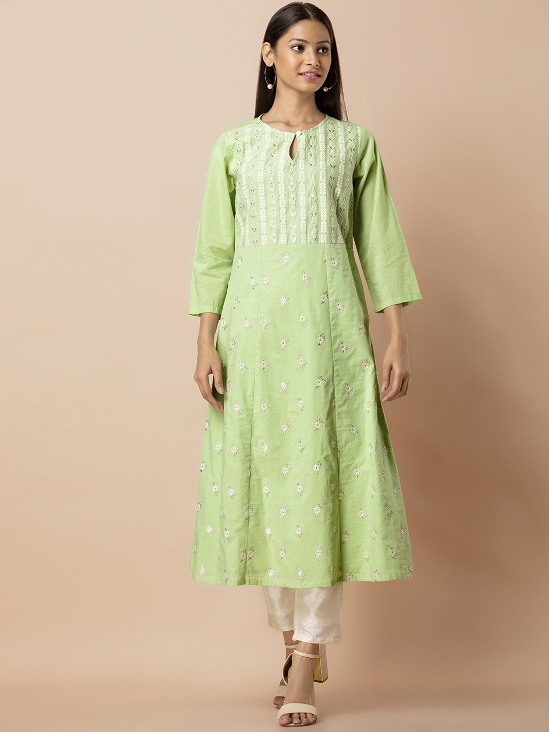 

INDYA Women Green Floral Embroidered A-Line Kurta