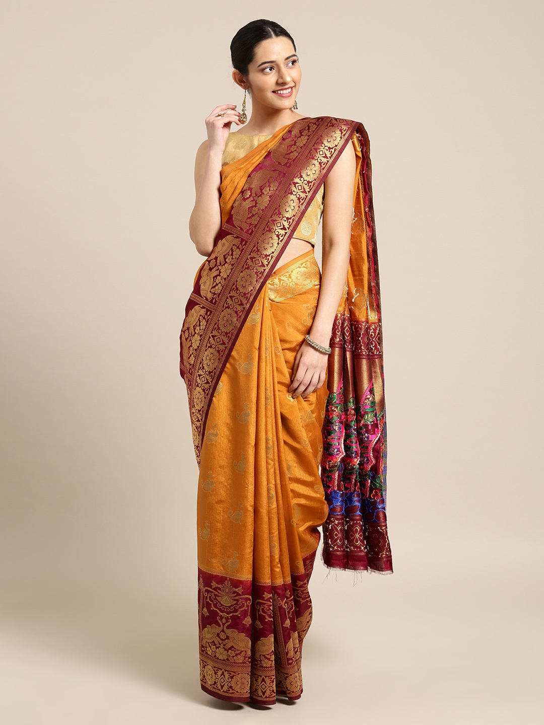 

Mitera Mustard & Gold-Toned Silk Blend Woven Design Kanjeevaram Saree
