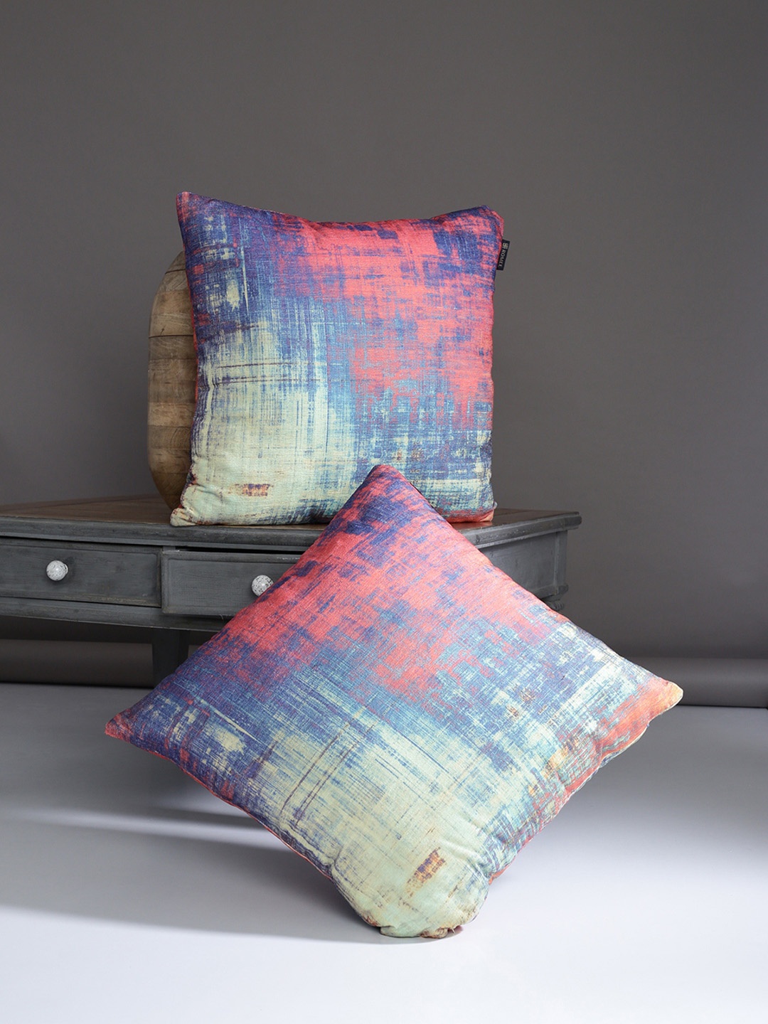

ROMEE Set of 2 Blue & Peach-Coloured Abstract Square Cushion Covers