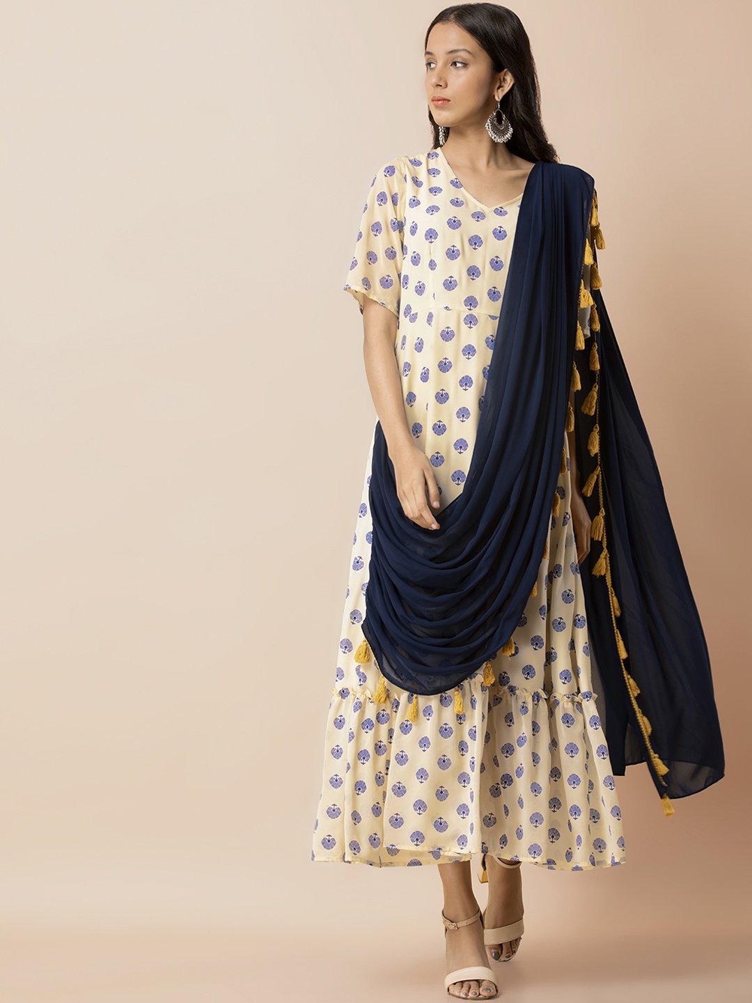 

INDYA Women White & Navy Blue Printed Maxi Dress With Attached Dupatta