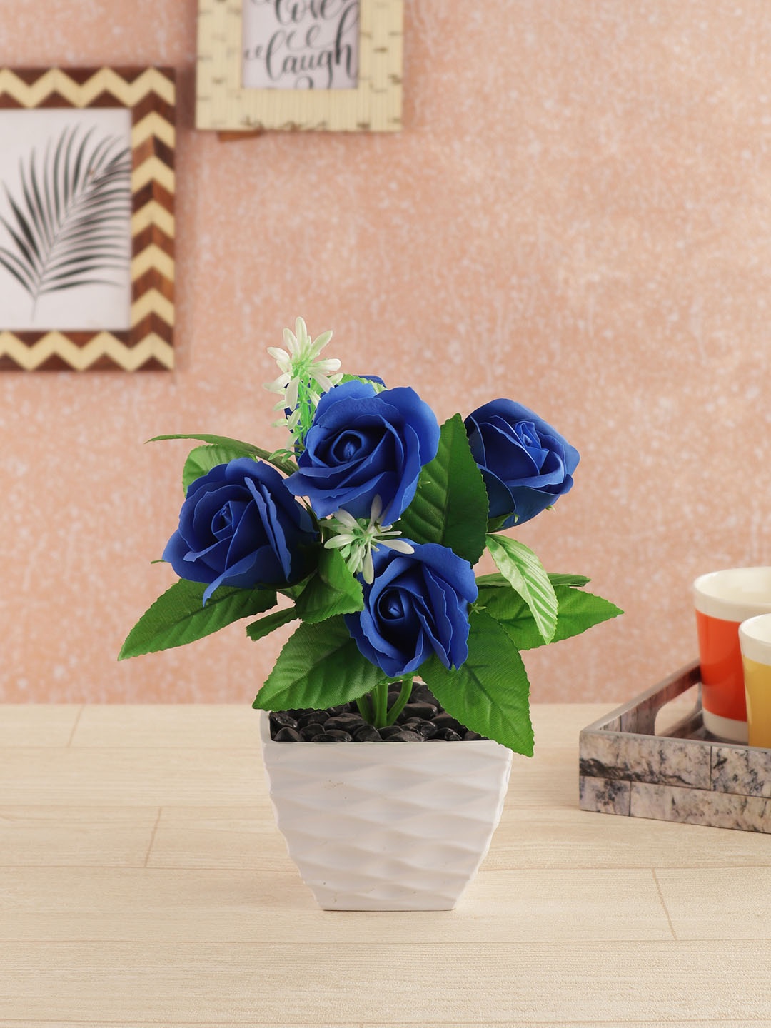 

FOLIYAJ Green & Blue Artificial Rose Plant With Pot