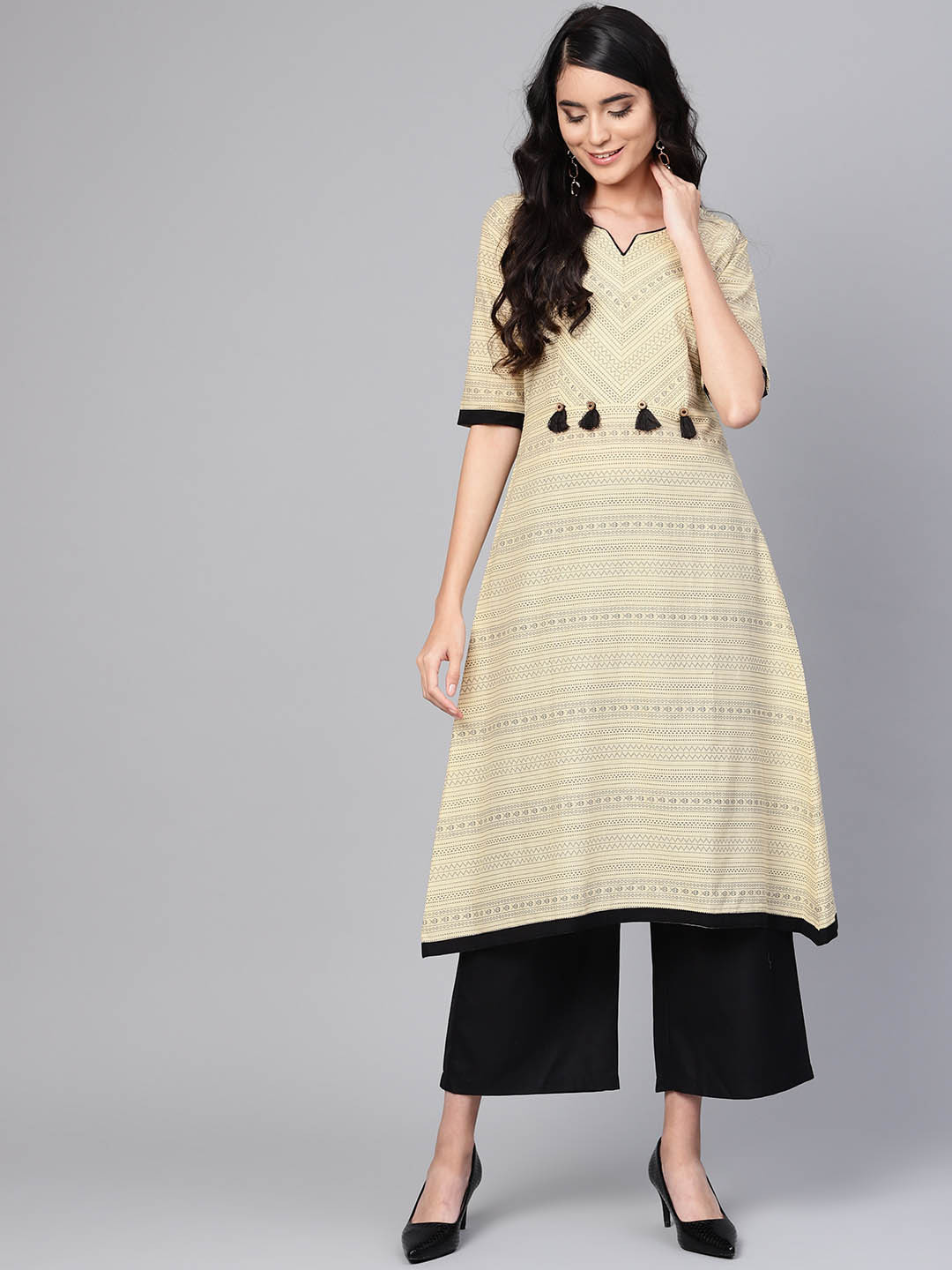 

Indo Era Women Cream-Coloured & Black Printed A-Line Kurta